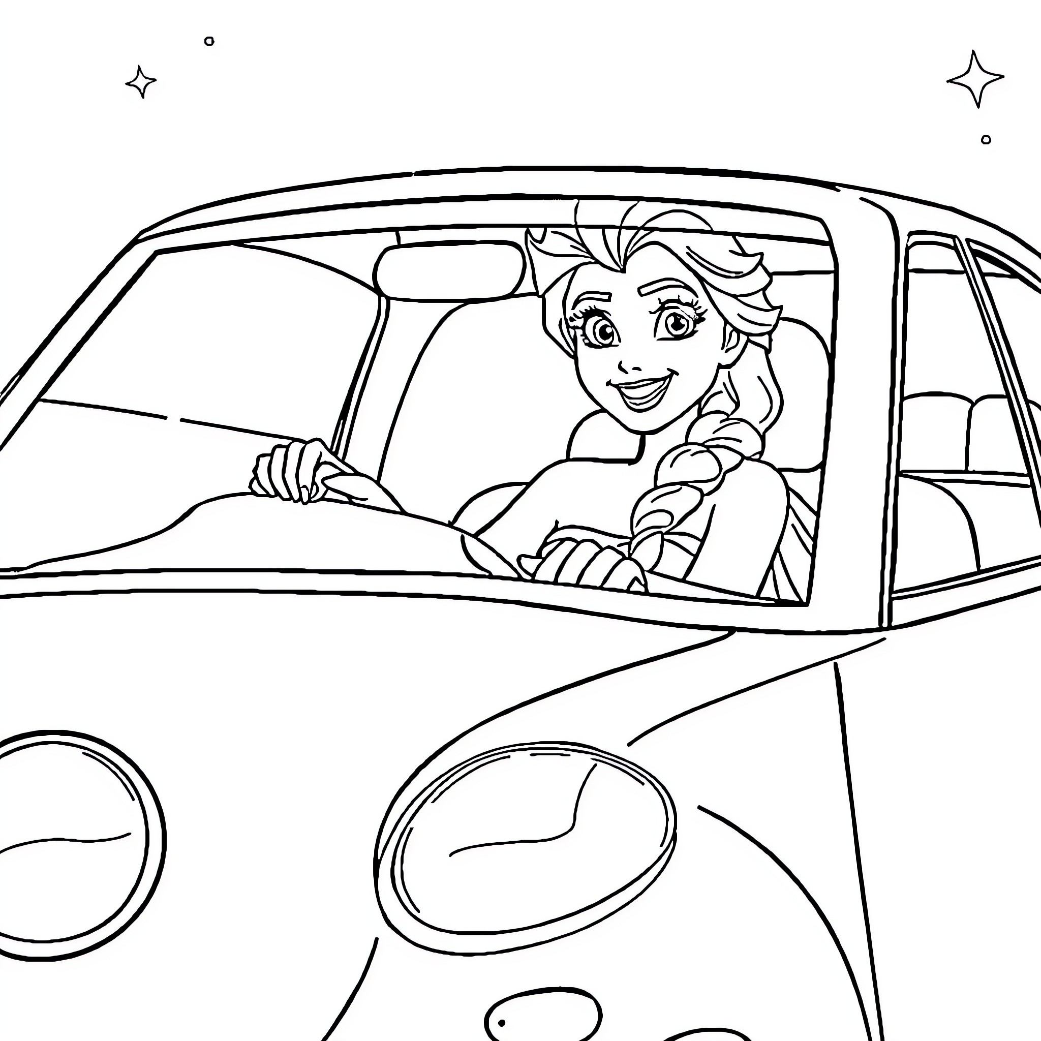 Elsa driving happily in her car Coloring Page (free black-and-white line drawing printable PDF for all, from beginners to advanced learners, including children, teens, adults, and seniors)