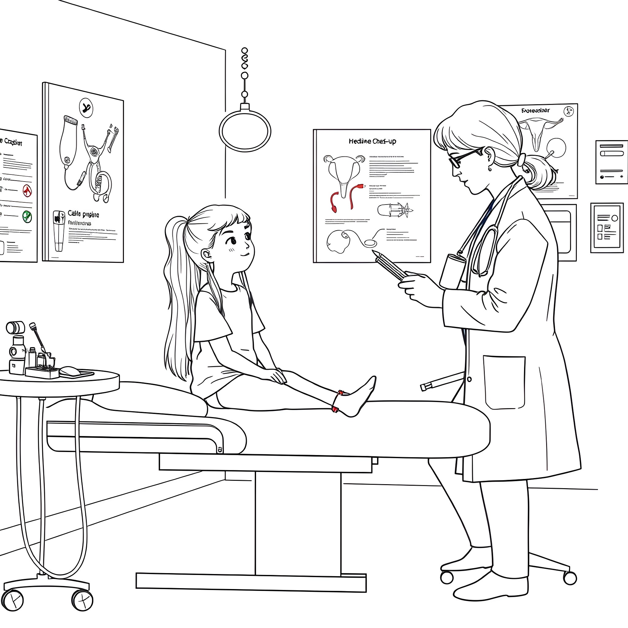 Teen Girl Visiting Doctor for Medical Examination Coloring Page (free black-and-white line drawing printable PDF for all, from beginners to advanced learners, including children, teens, adults, and seniors)