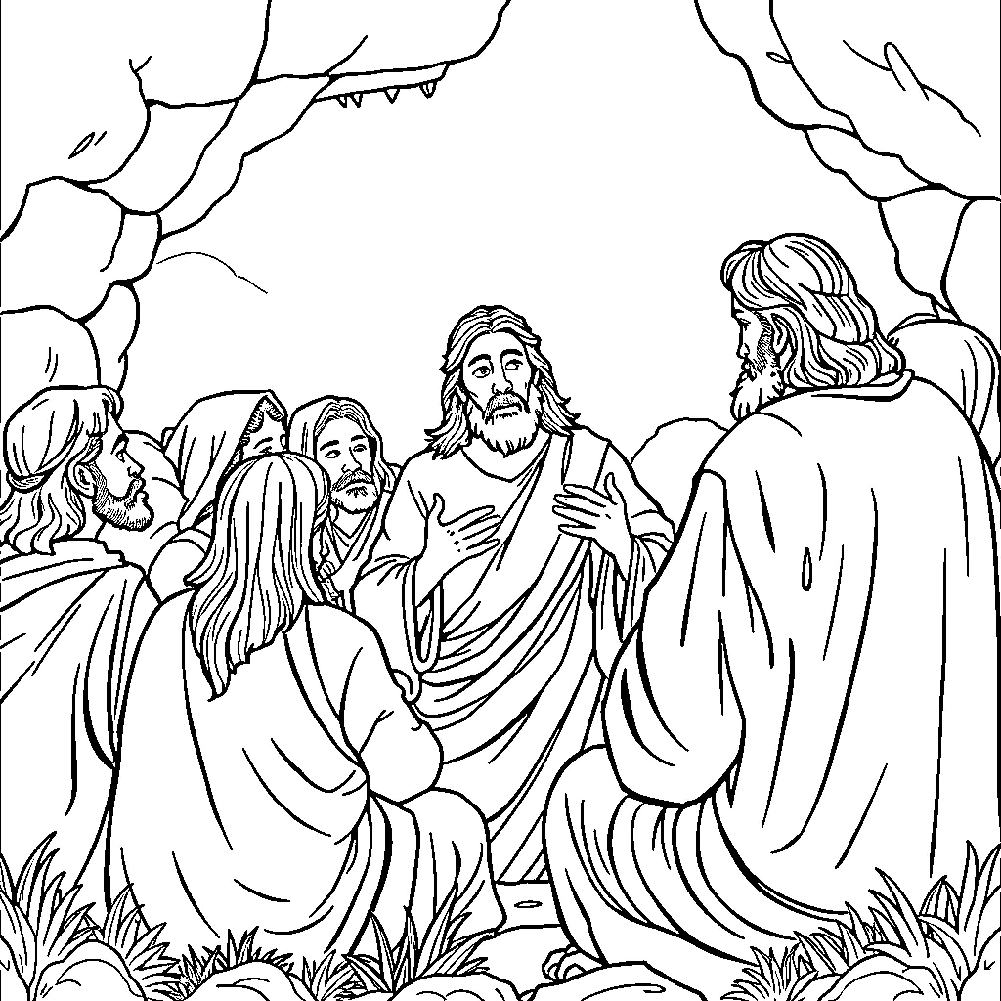 Disciple of Jesus teaching in the wilderness Coloring Page (free black-and-white line drawing printable PDF for all, from beginners to advanced learners, including children, teens, adults, and seniors)
