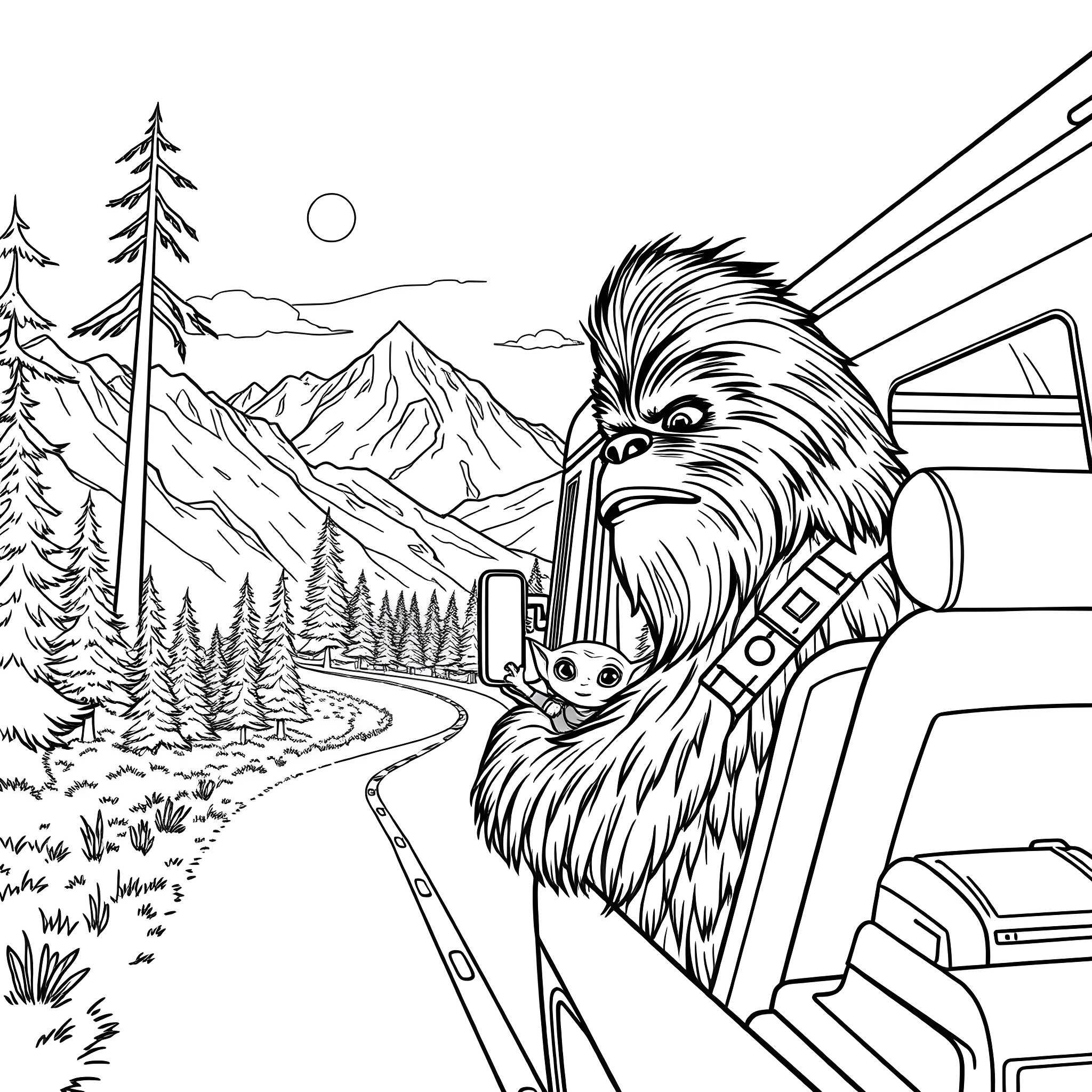 Chewbacca enjoying the scenic mountain view from his vehicle Coloring Page (free black-and-white line drawing printable PDF for all, from beginners to advanced learners, including children, teens, adults, and seniors)