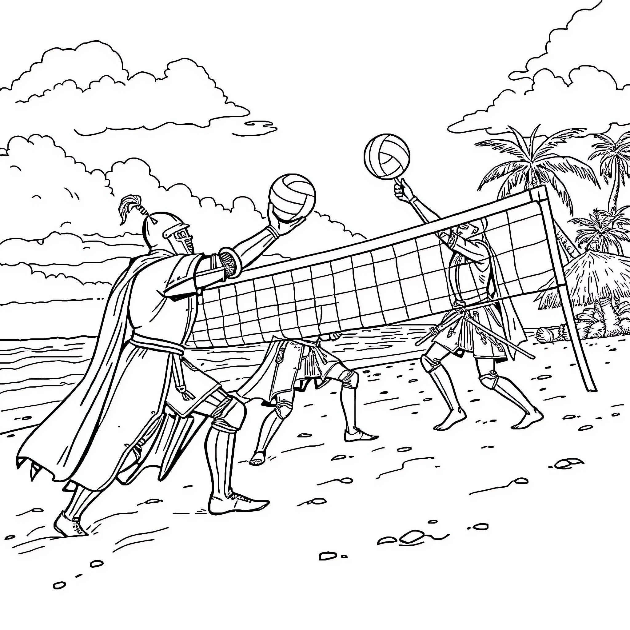 Knight Beach Volleyball Match in Tropical Setting Coloring Page (free black-and-white line drawing printable PDF for all, from beginners to advanced learners, including children, teens, adults, and seniors)