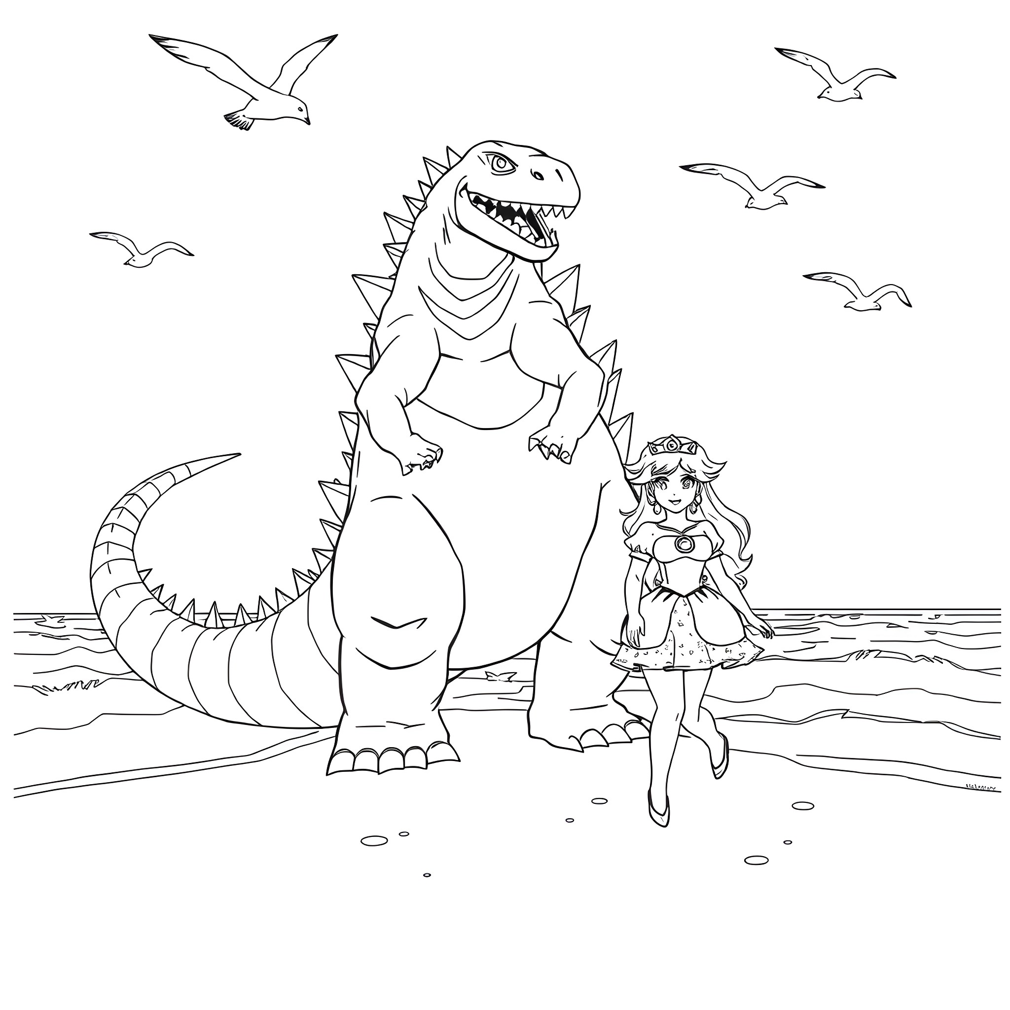 Godzilla confronting a brave young woman on the beach Coloring Page (free black-and-white line drawing printable PDF for all, from beginners to advanced learners, including children, teens, adults, and seniors)