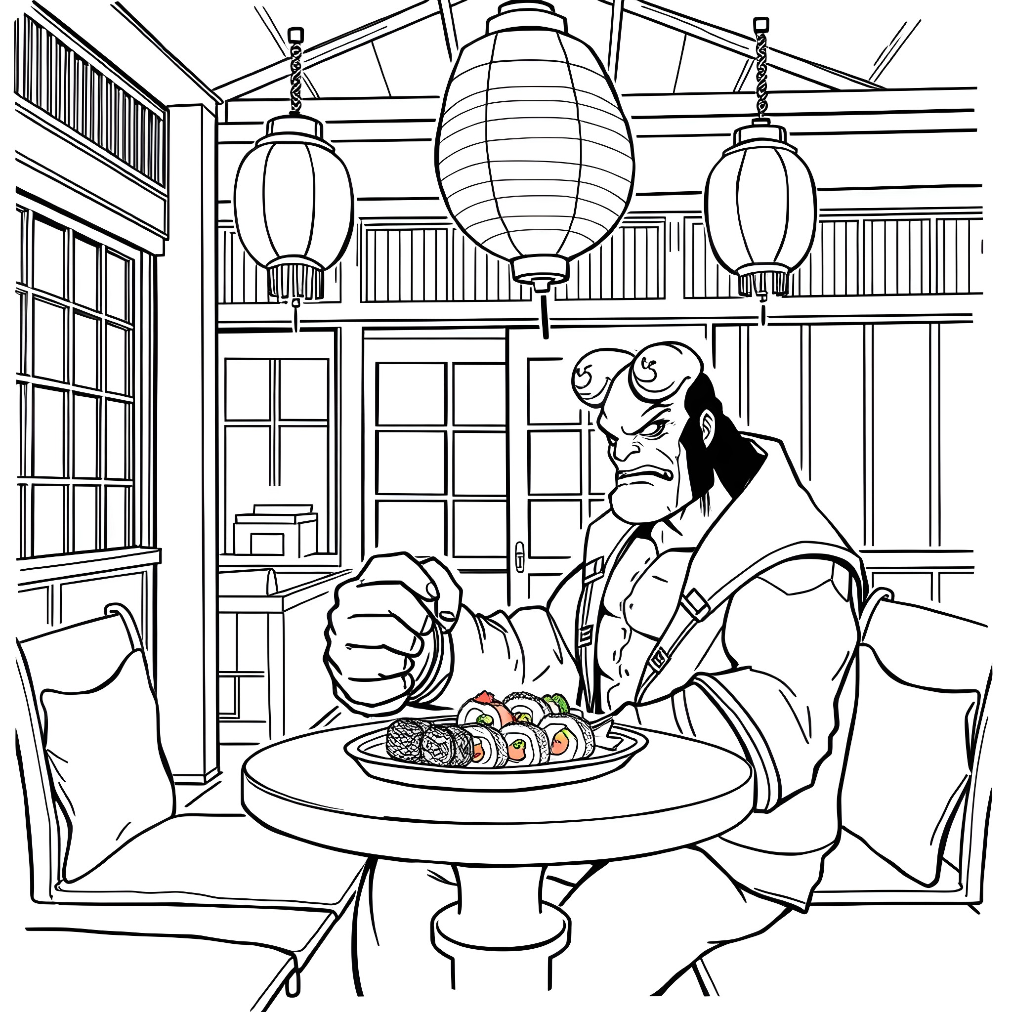 Hellboy enjoying a meal in a traditional Japanese setting Coloring Page (free black-and-white line drawing printable PDF for all, from beginners to advanced learners, including children, teens, adults, and seniors)