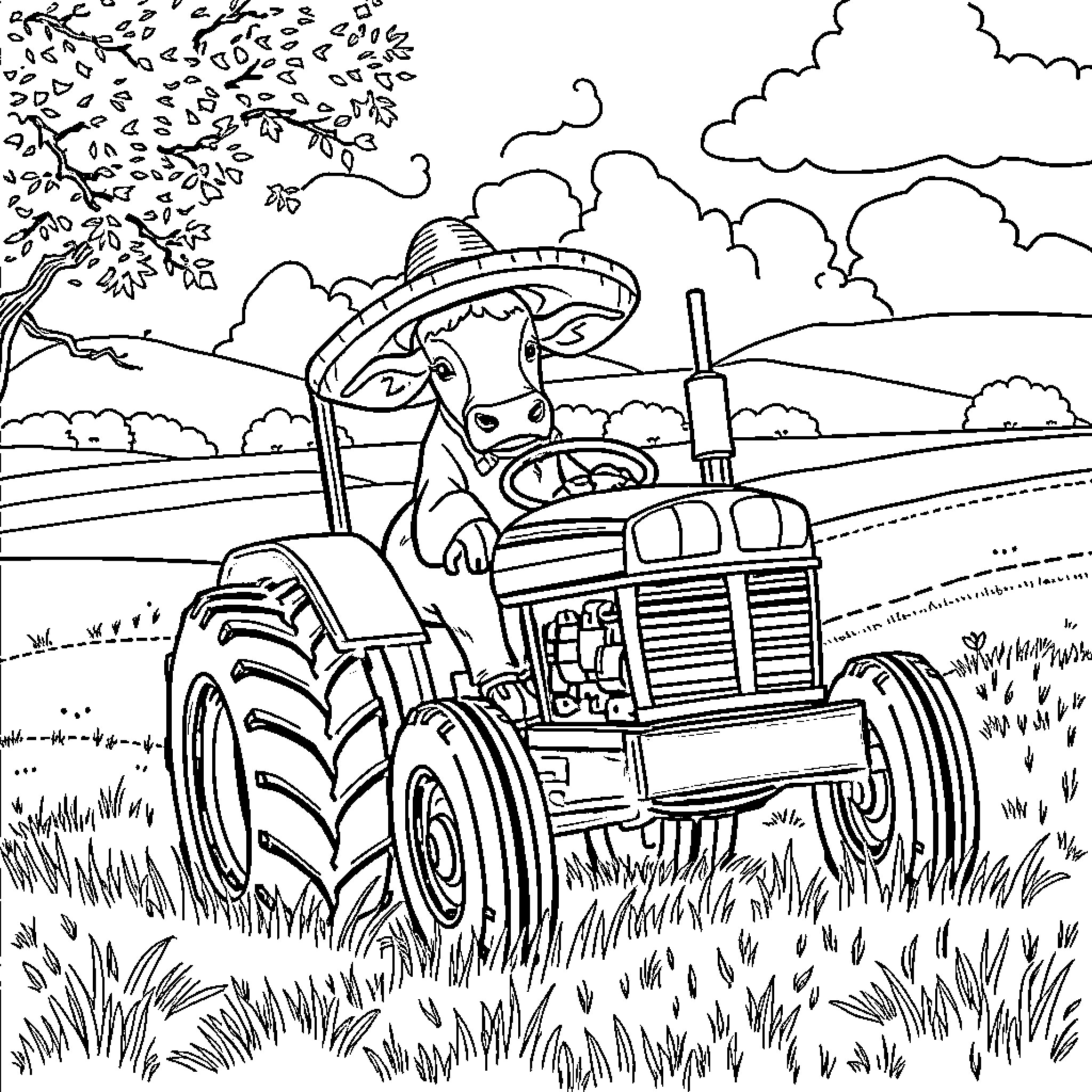 Tractor driven by a farmer in the countryside Coloring Page (free black-and-white line drawing printable PDF for all, from beginners to advanced learners, including children, teens, adults, and seniors)