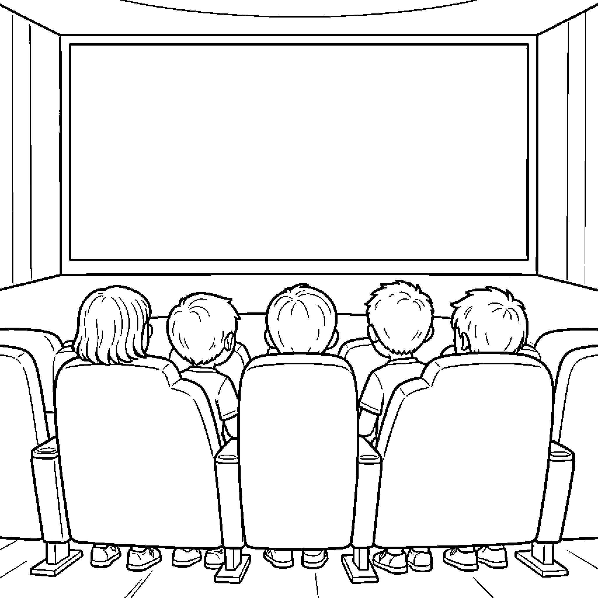 Niño group watching a movie in a theater Coloring Page (free black-and-white line drawing printable PDF for all, from beginners to advanced learners, including children, teens, adults, and seniors)