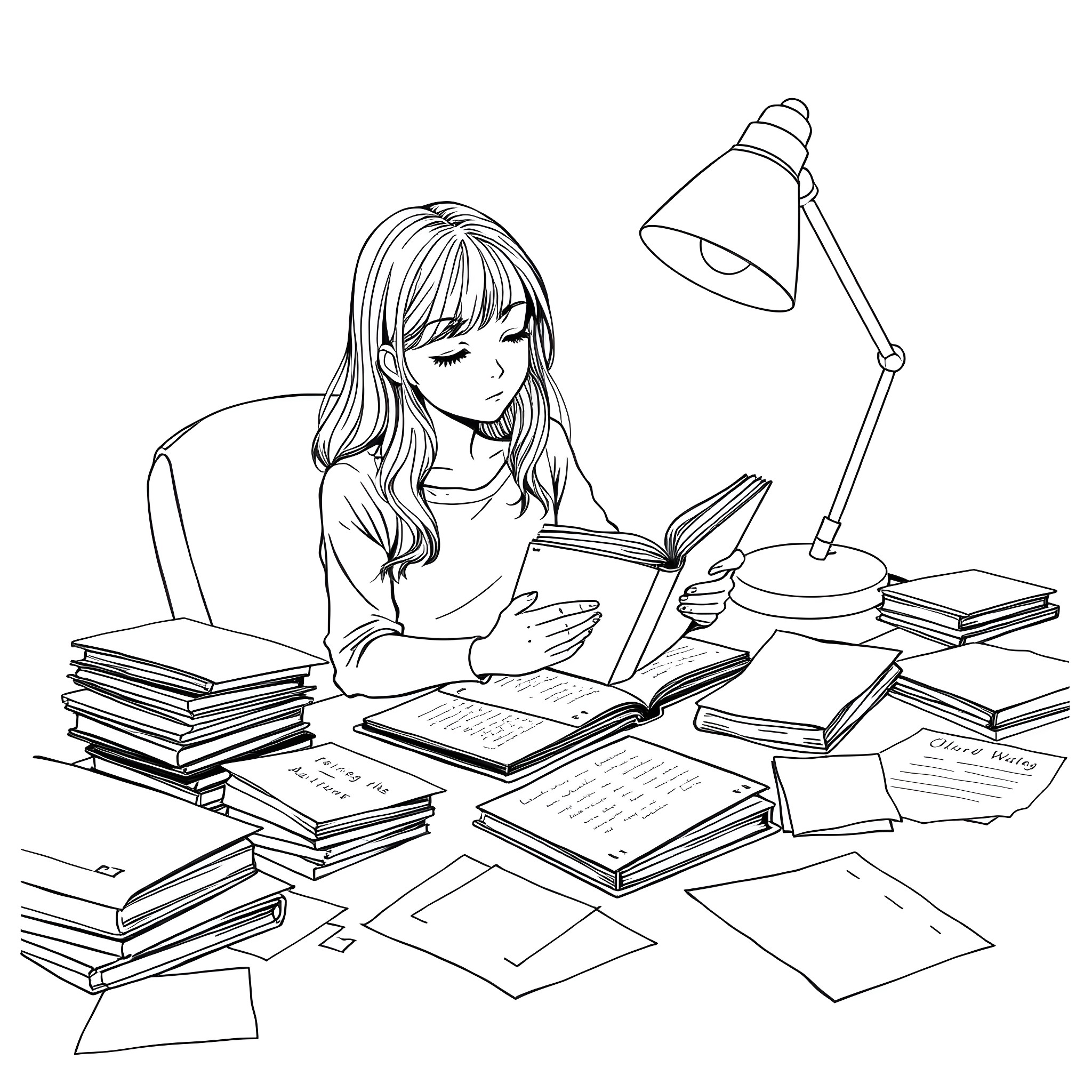Girl studying diligently at her desk Coloring Page (free black-and-white line drawing printable PDF for all, from beginners to advanced learners, including children, teens, adults, and seniors)