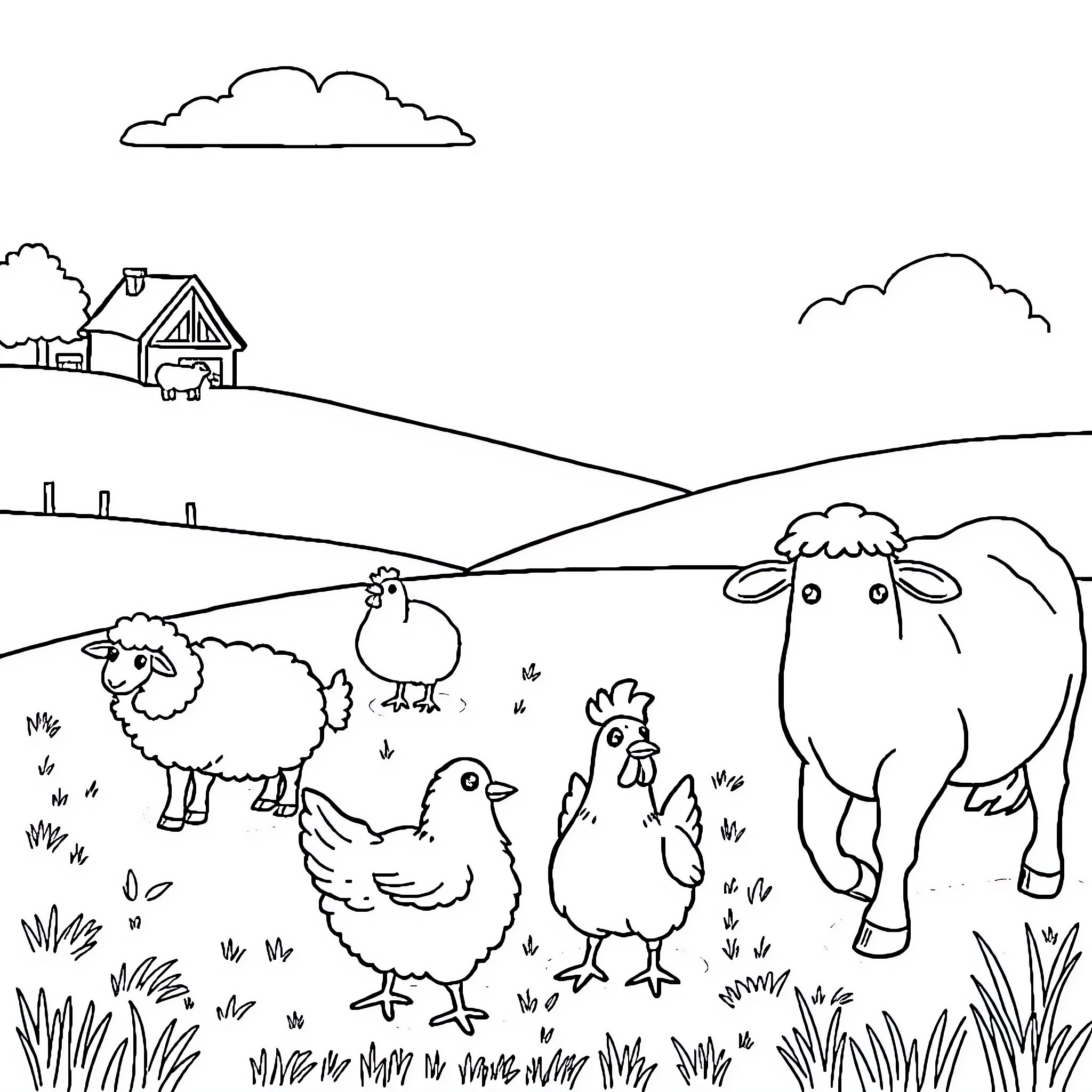 Farm Animal Gathering in Countryside Landscape Coloring Page (free black-and-white line drawing printable PDF for all, from beginners to advanced learners, including children, teens, adults, and seniors)