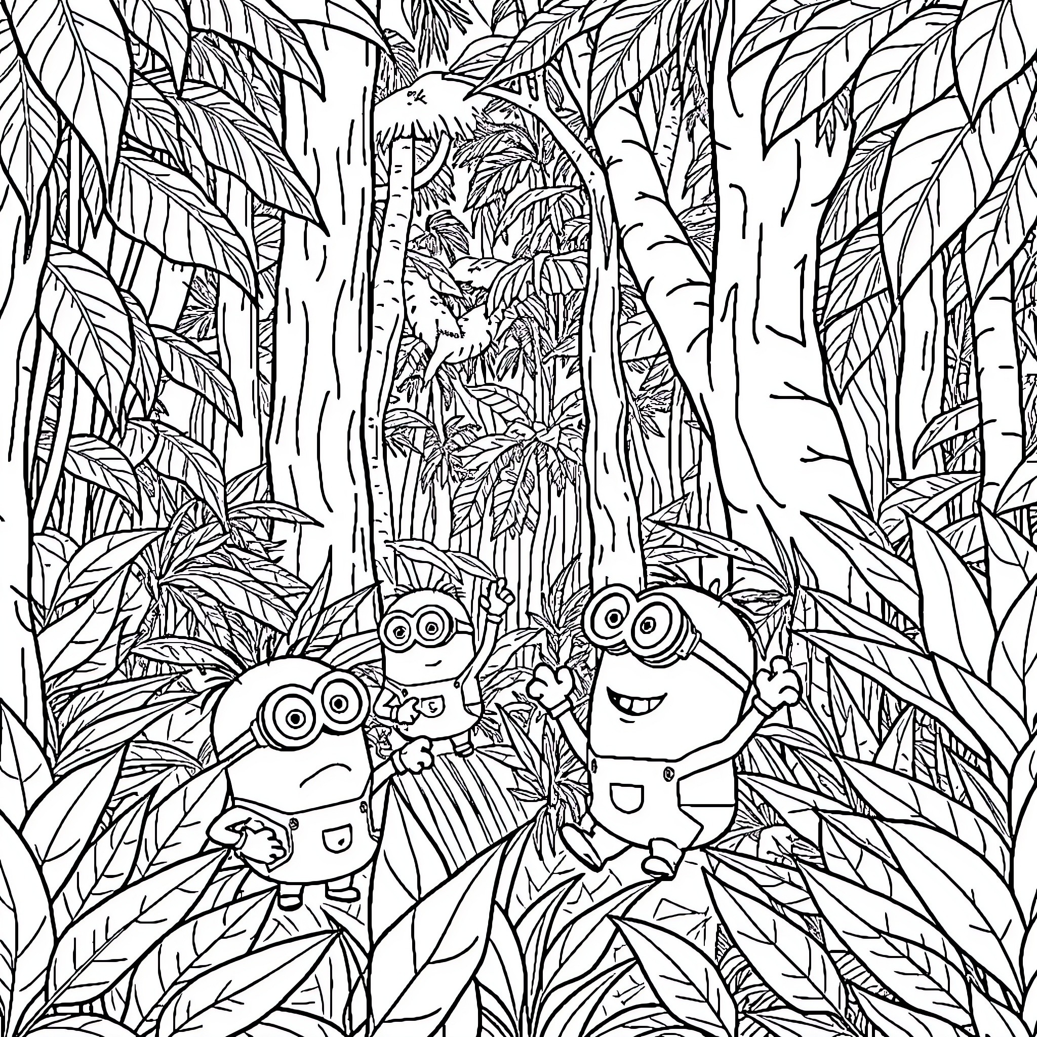 Minions exploring the jungle wilderness Coloring Page (free black-and-white line drawing printable PDF for all, from beginners to advanced learners, including children, teens, adults, and seniors)
