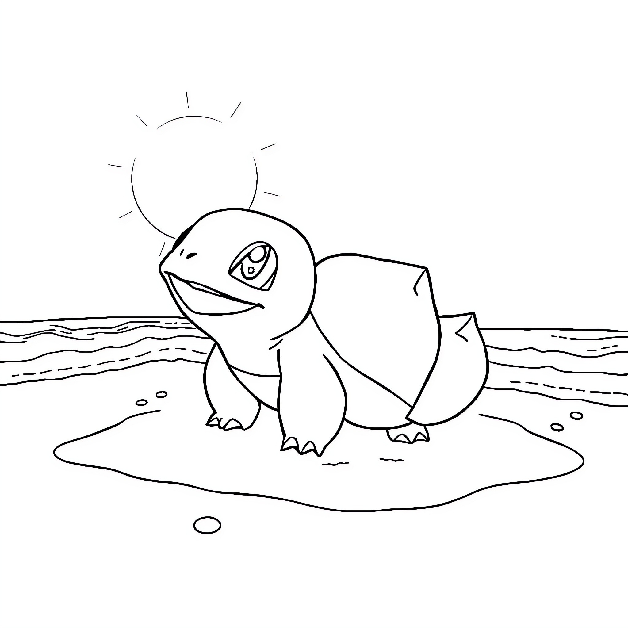 Bulbasaur relaxing by the water Coloring Page (free black-and-white line drawing printable PDF for all, from beginners to advanced learners, including children, teens, adults, and seniors)