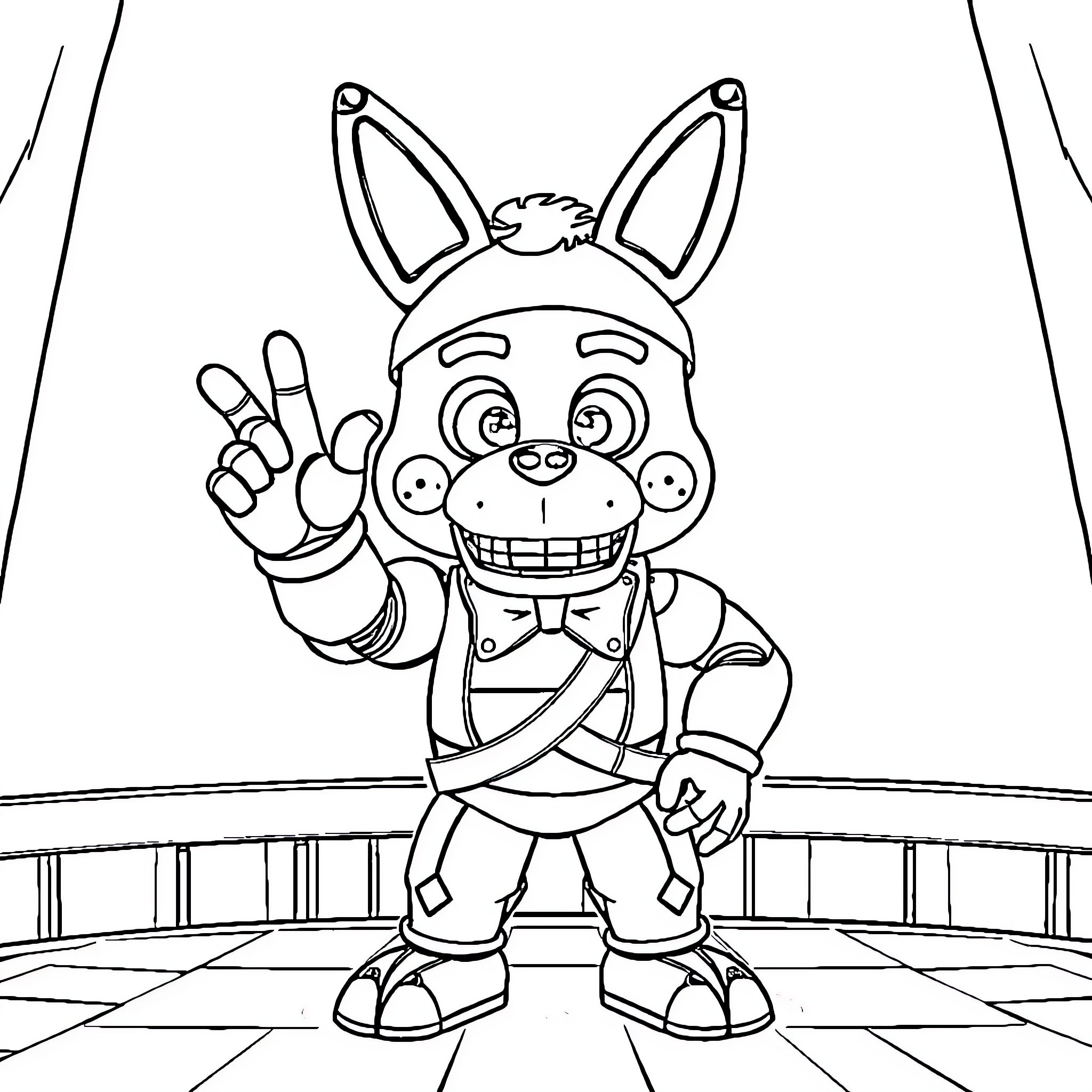 Foxy Animatronic Character Making a Peace Sign Coloring Page (free black-and-white line drawing printable PDF for all, from beginners to advanced learners, including children, teens, adults, and seniors)
