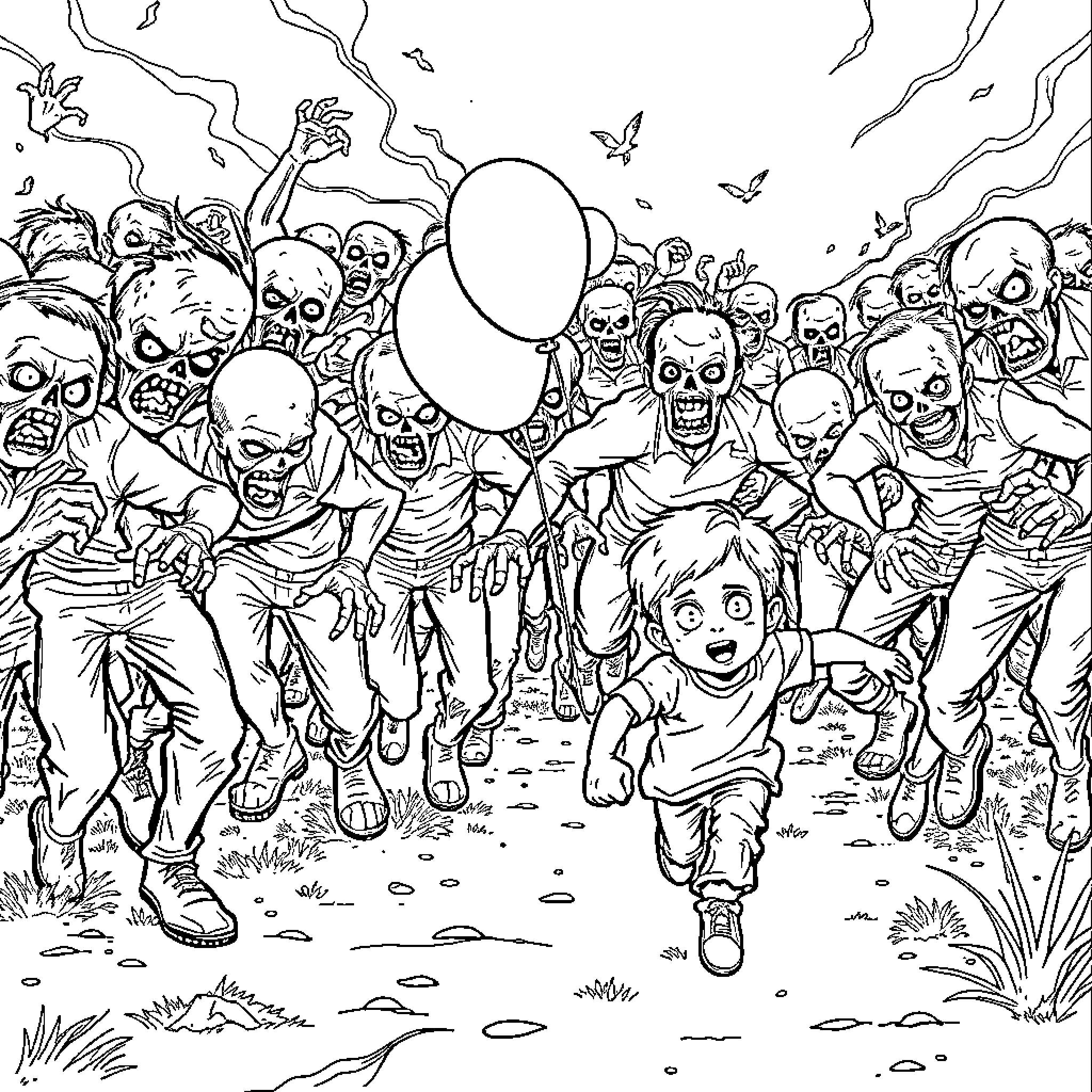 Zombie Horde Chasing Frightened Child Coloring Page (free black-and-white line drawing printable PDF for all, from beginners to advanced learners, including children, teens, adults, and seniors)
