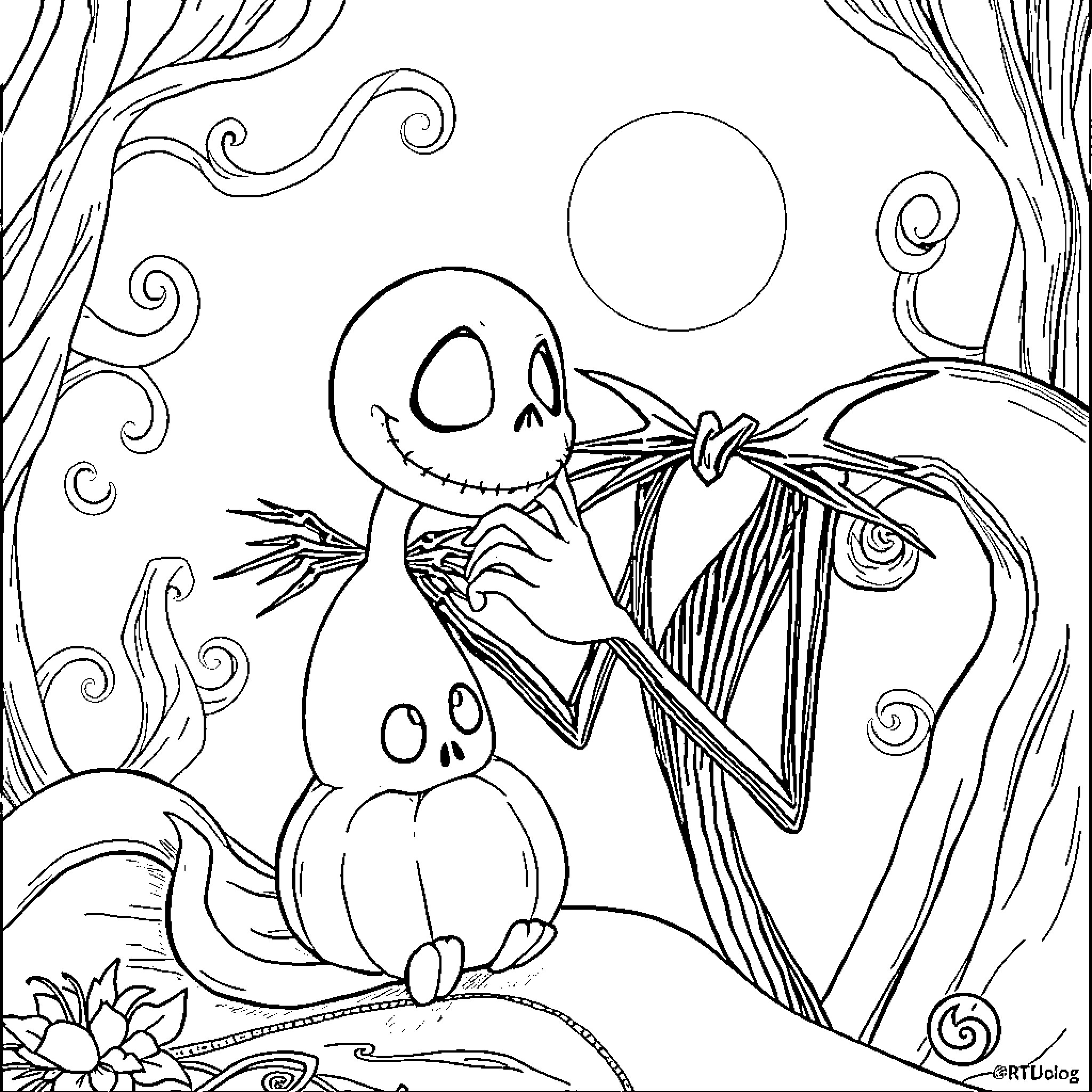 Jack Skellington exploring a whimsical, fantastical scene Coloring Page (free black-and-white line drawing printable PDF for all, from beginners to advanced learners, including children, teens, adults, and seniors)
