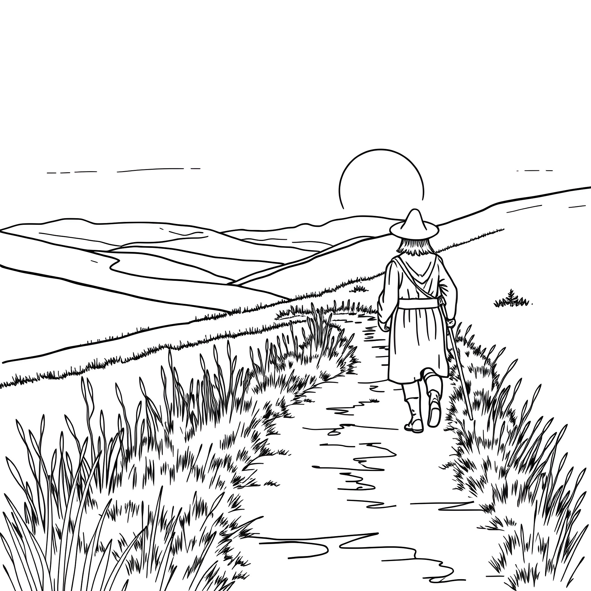 Pilgrim walking through a scenic landscape Coloring Page (free black-and-white line drawing printable PDF for all, from beginners to advanced learners, including children, teens, adults, and seniors)