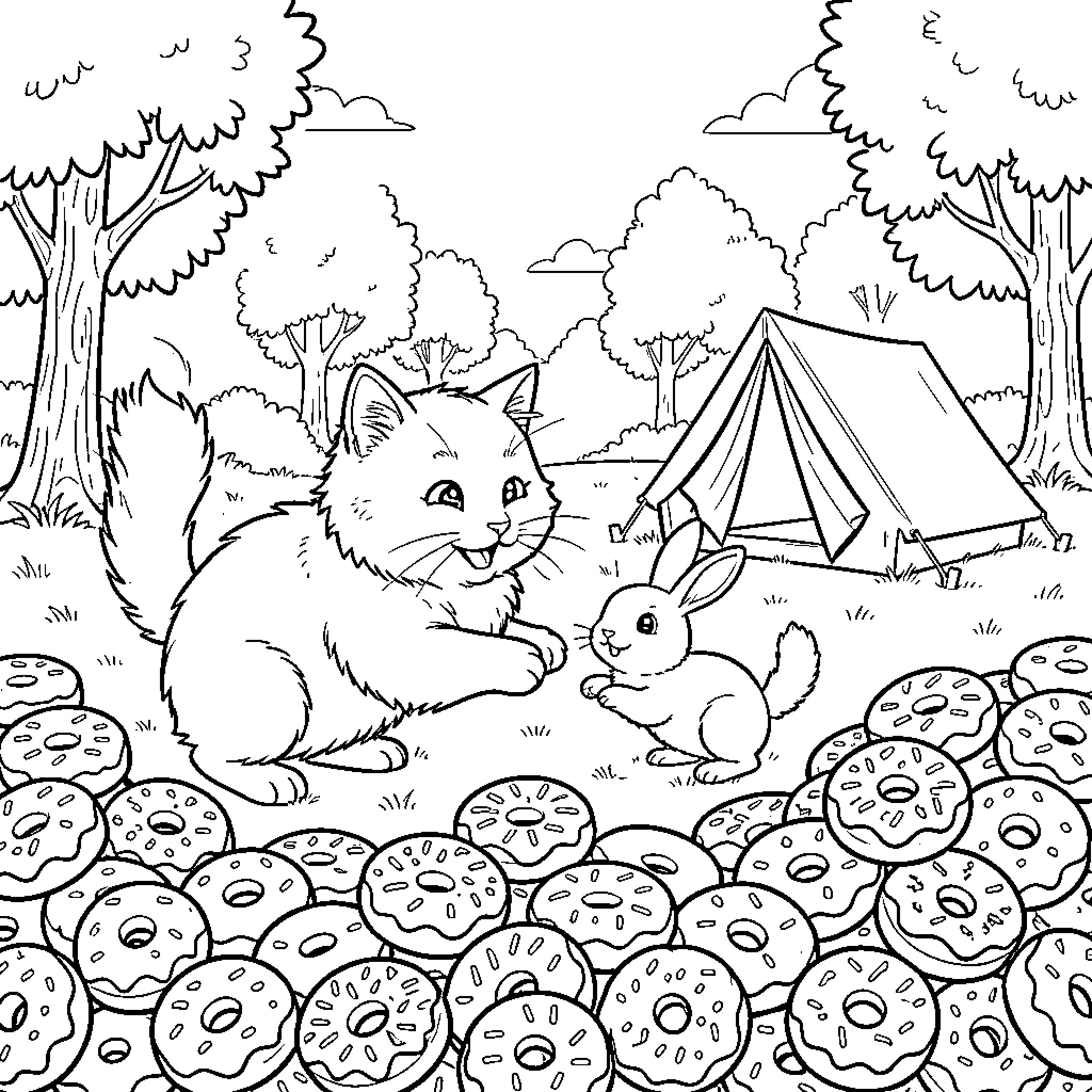 Cat and Rabbit in the Campsite Coloring Page (free black-and-white line drawing printable PDF for all, from beginners to advanced learners, including children, teens, adults, and seniors)