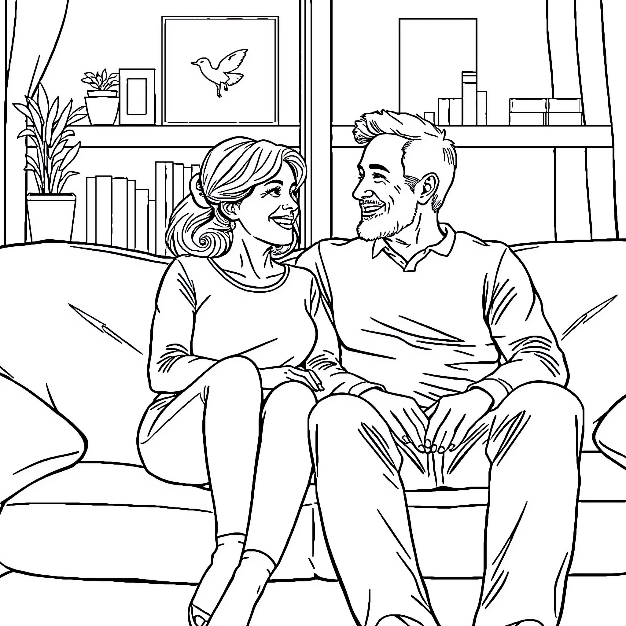 Parent and child enjoying quality time together Coloring Page (free black-and-white line drawing printable PDF for all, from beginners to advanced learners, including children, teens, adults, and seniors)