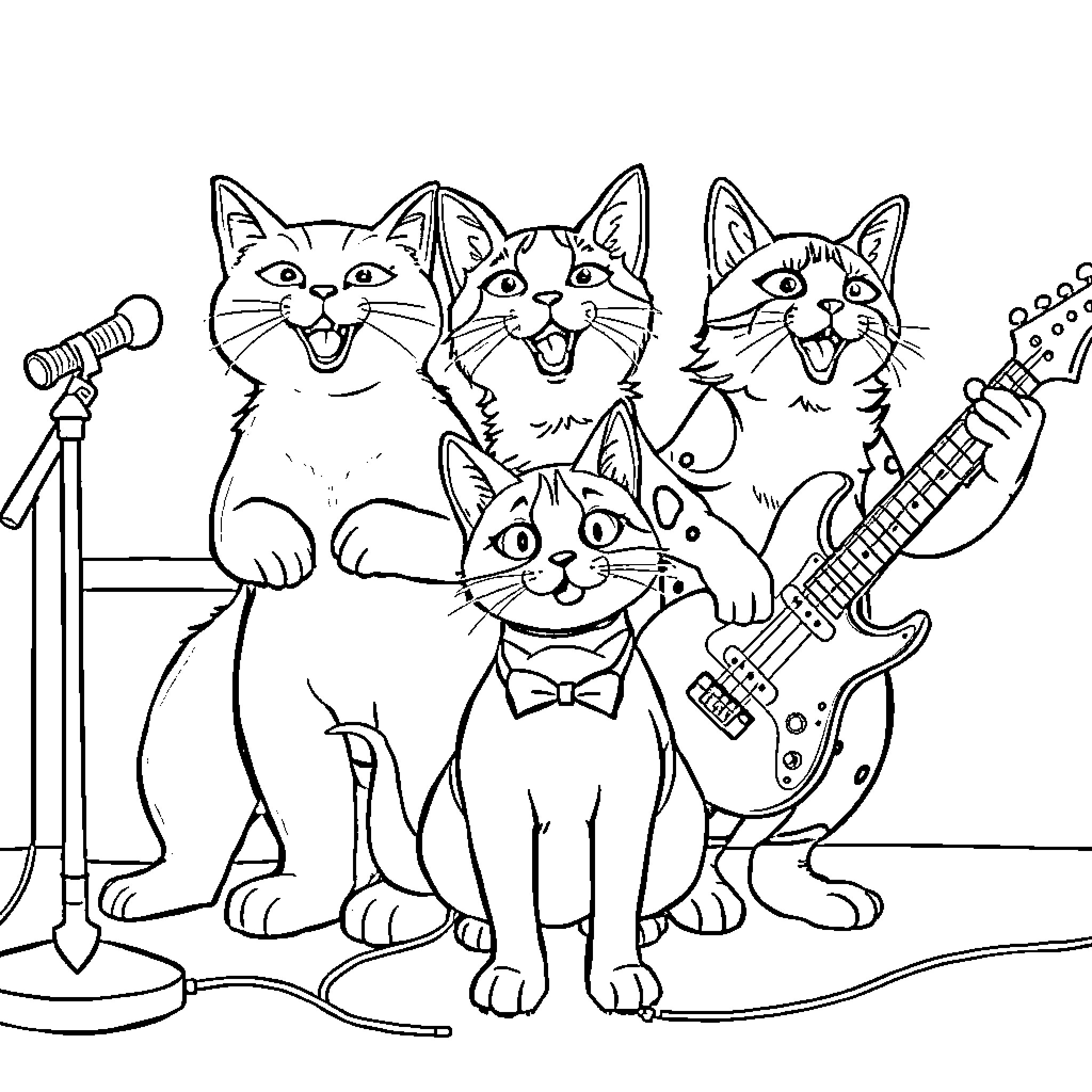 Cat Band Performing Together on Stage Coloring Page (free black-and-white line drawing printable PDF for all, from beginners to advanced learners, including children, teens, adults, and seniors)