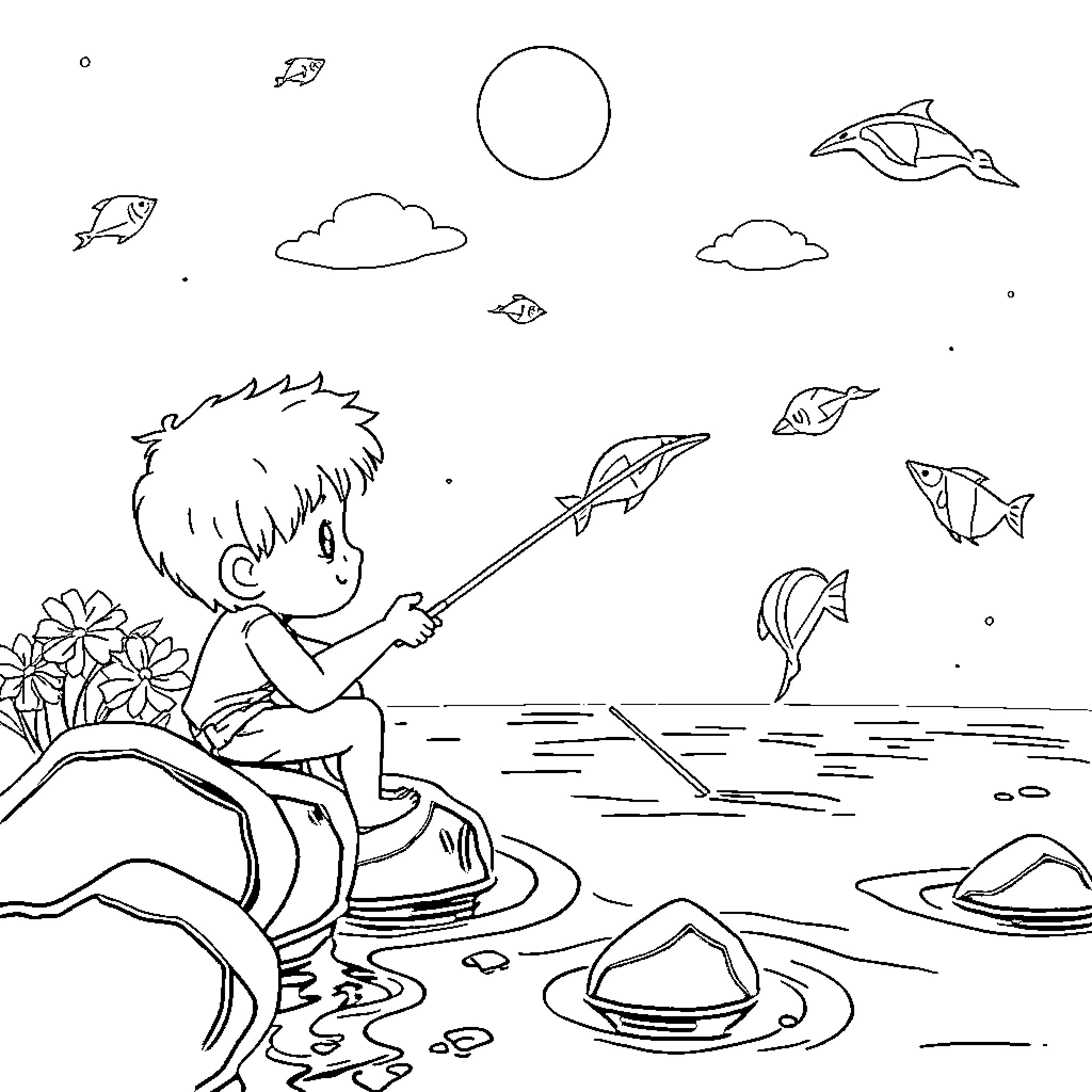 Fishing in a peaceful coastal scene Coloring Page (free black-and-white line drawing printable PDF for all, from beginners to advanced learners, including children, teens, adults, and seniors)