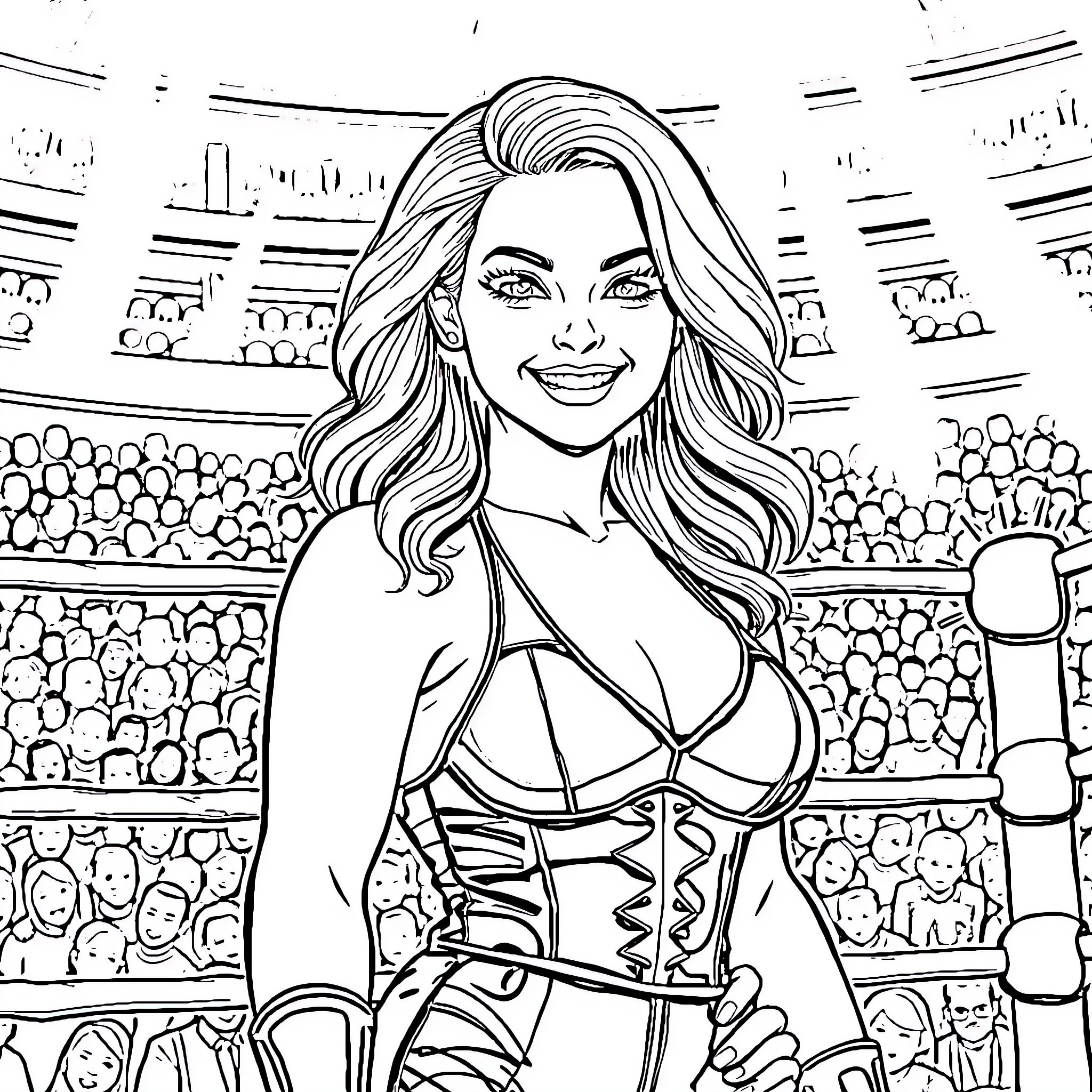 Alexa Bliss in the wrestling ring Coloring Page (free black-and-white line drawing printable PDF for all, from beginners to advanced learners, including children, teens, adults, and seniors)
