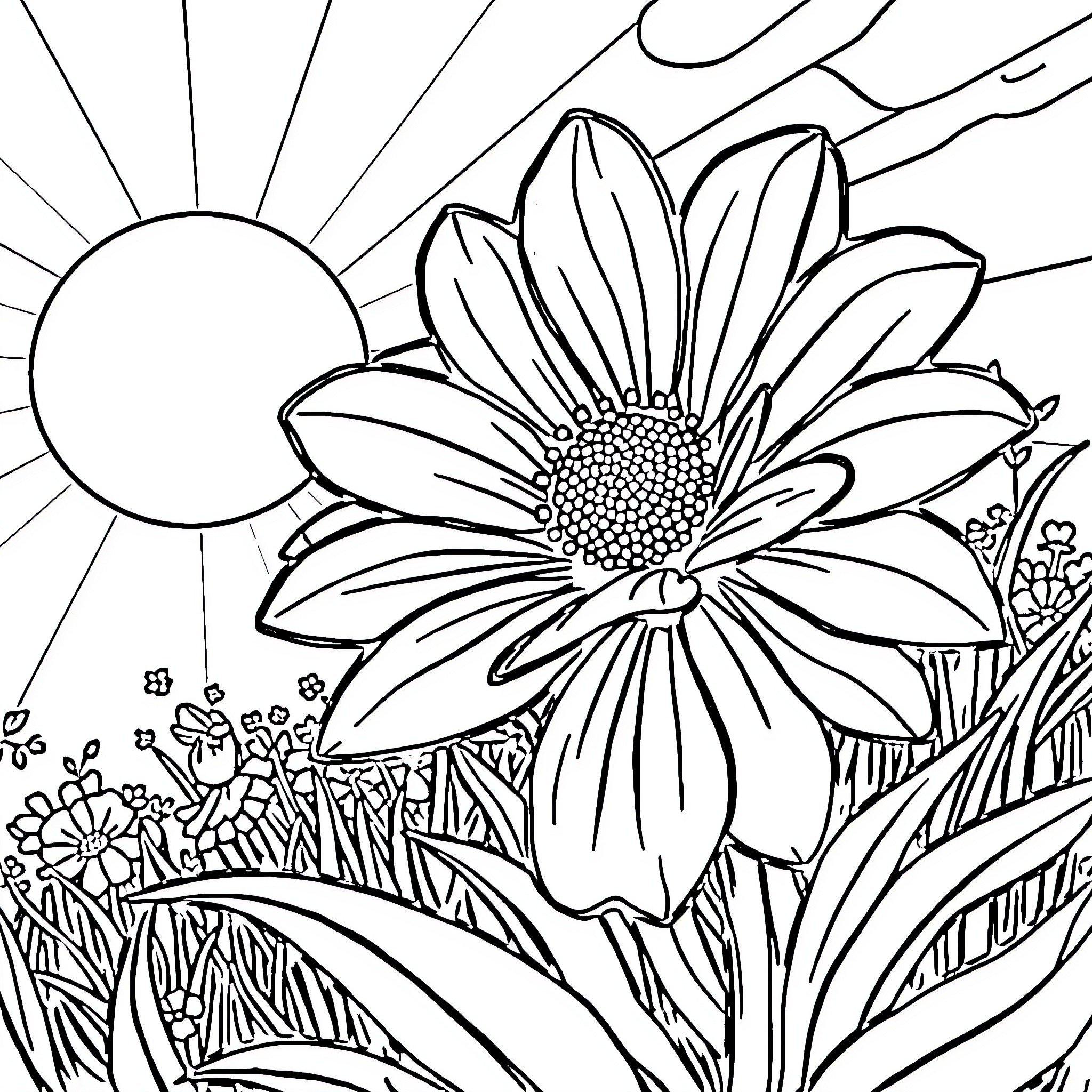 Flower in bright garden landscape Coloring Page (free black-and-white line drawing printable PDF for all, from beginners to advanced learners, including children, teens, adults, and seniors)
