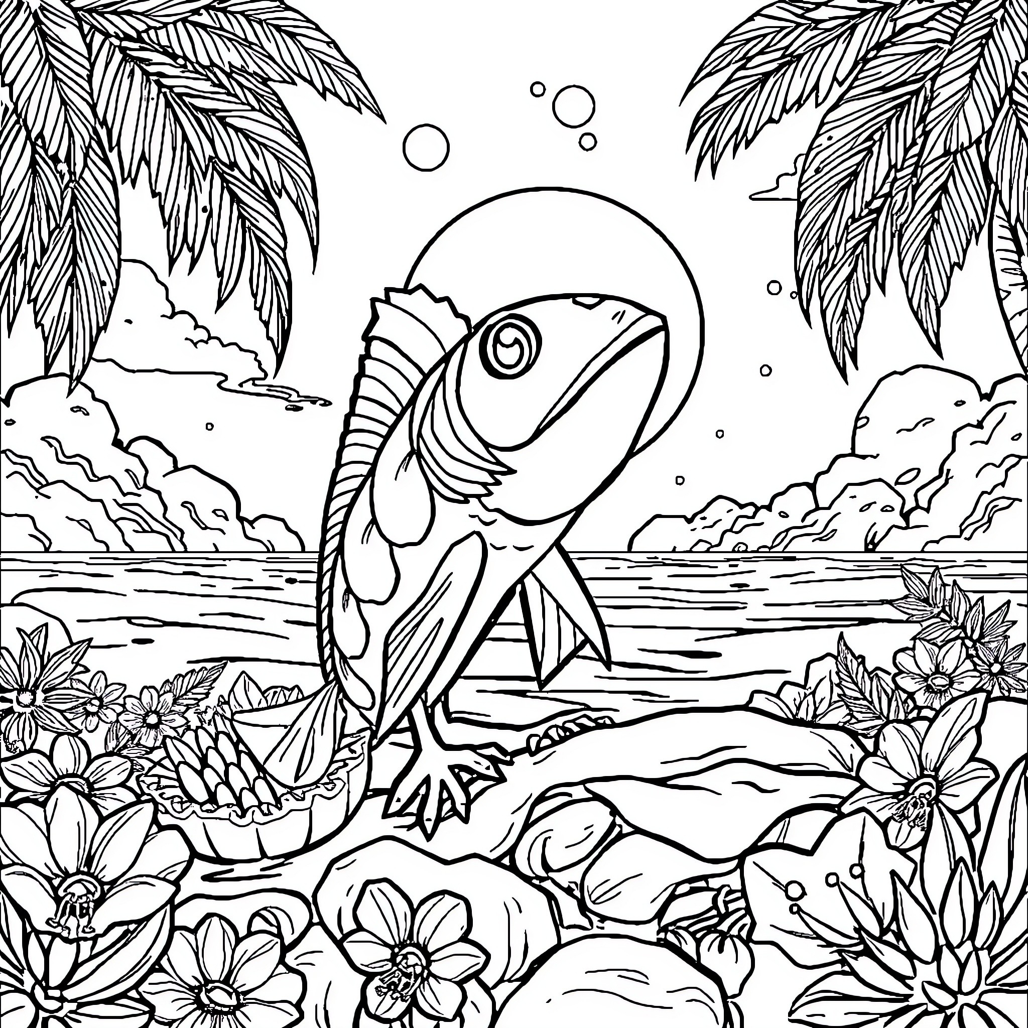 Nami's tropical fish adventure Coloring Page (free black-and-white line drawing printable PDF for all, from beginners to advanced learners, including children, teens, adults, and seniors)
