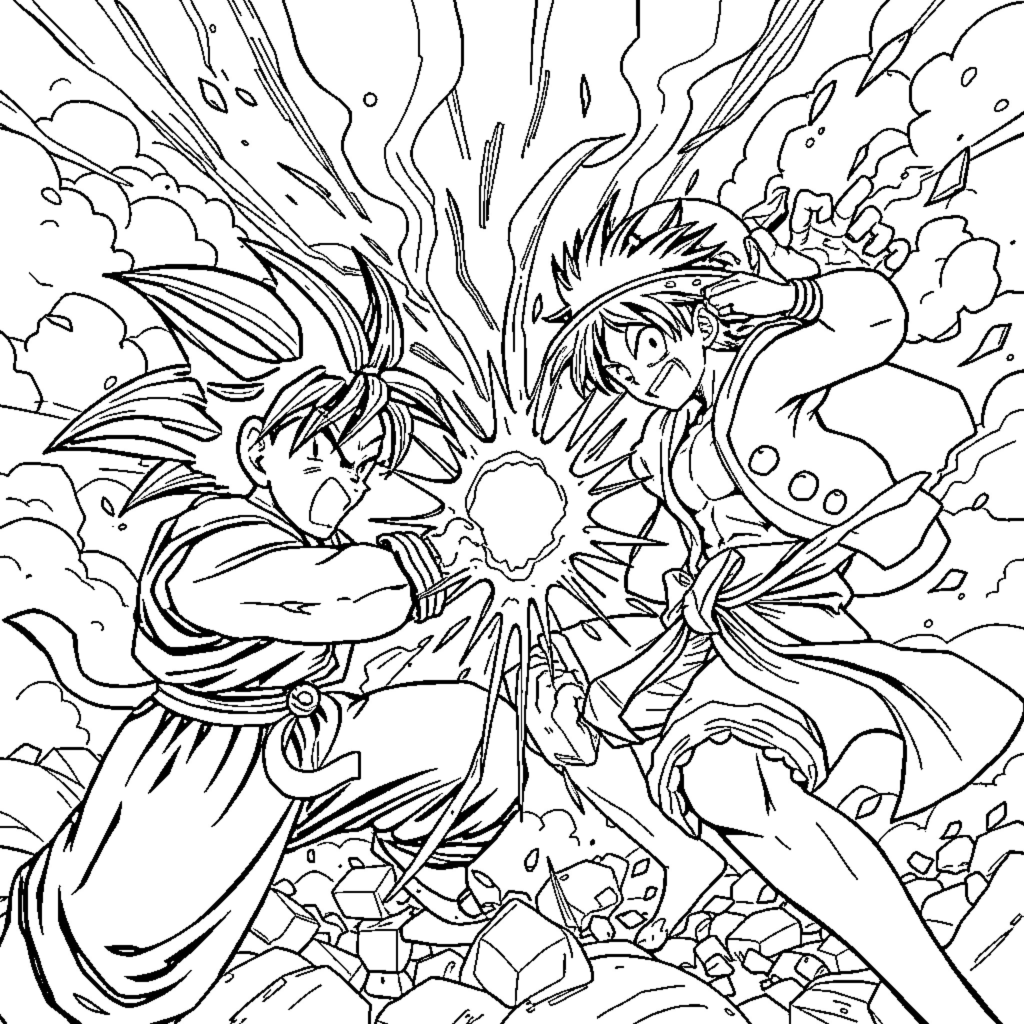 Dragon warriors clashing in an epic battle Coloring Page (free black-and-white line drawing printable PDF for all, from beginners to advanced learners, including children, teens, adults, and seniors)