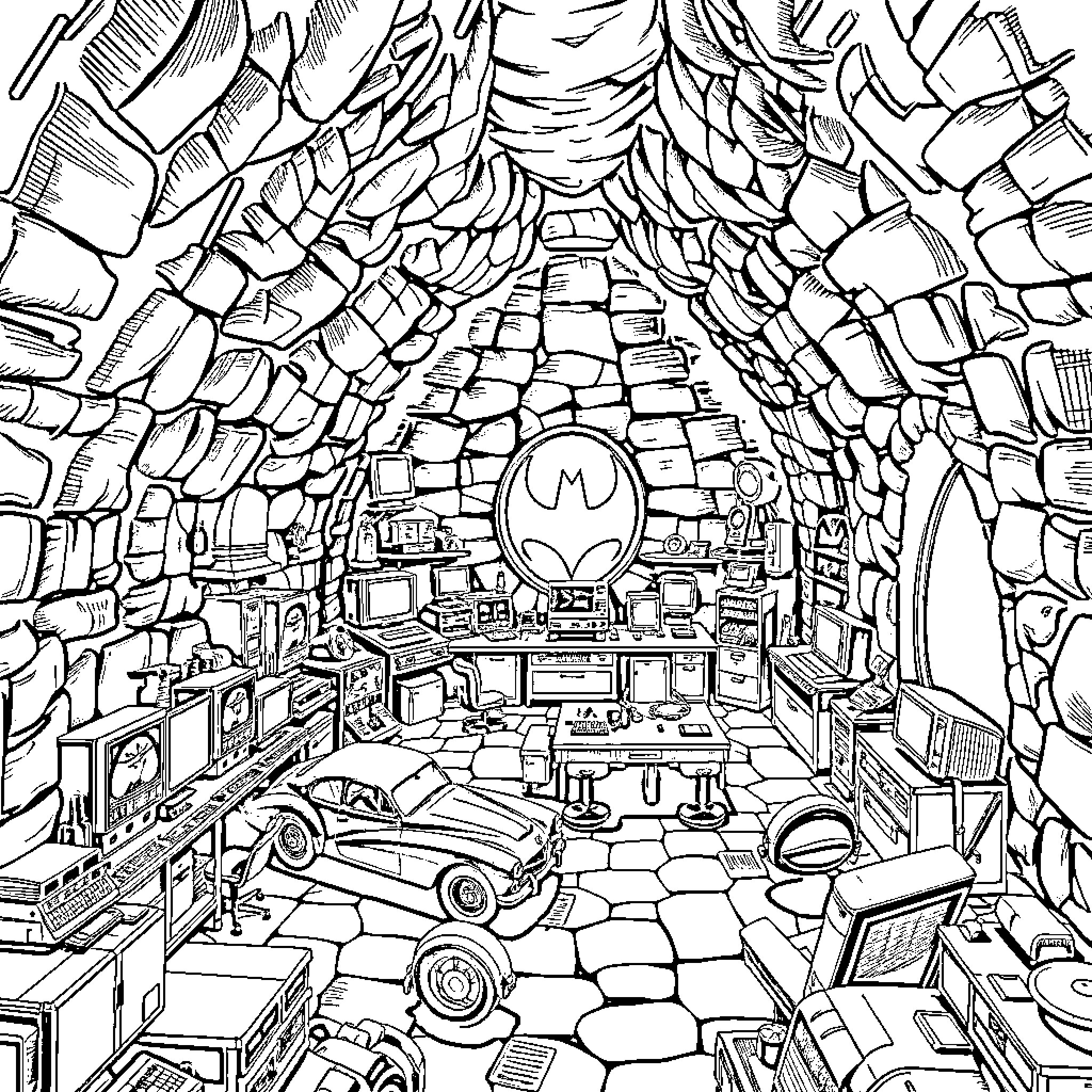 Batcave Filled with Crime-Fighting Gadgets and Vehicles Coloring Page (free black-and-white line drawing printable PDF for all, from beginners to advanced learners, including children, teens, adults, and seniors)