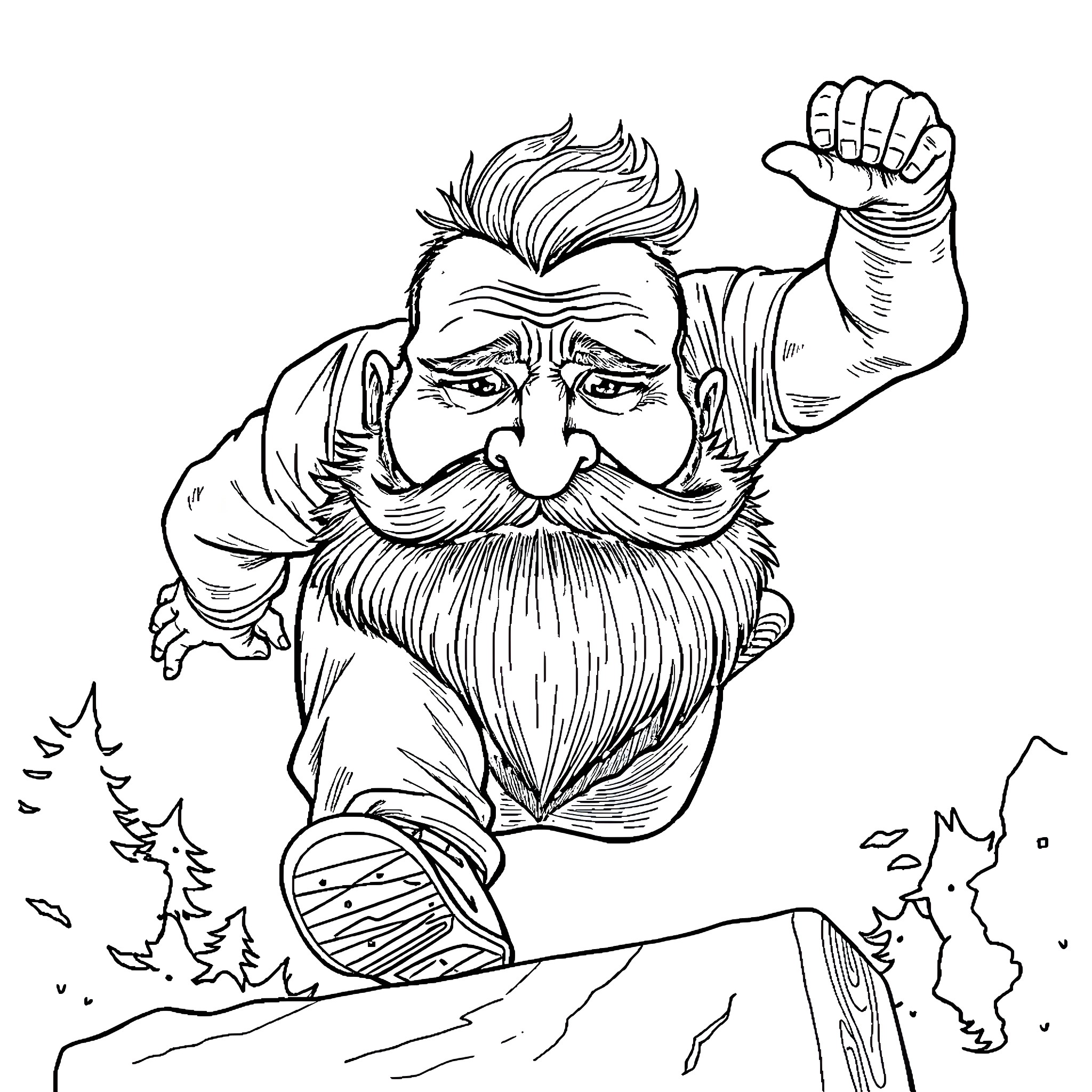 Man raising fist with thick beard in nature Coloring Page (free black-and-white line drawing printable PDF for all, from beginners to advanced learners, including children, teens, adults, and seniors)