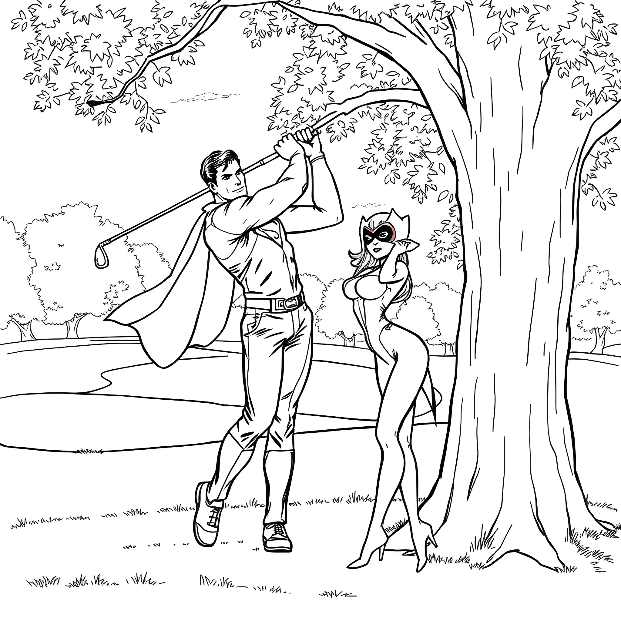 Superman and Catwoman playing in the park Coloring Page (free black-and-white line drawing printable PDF for all, from beginners to advanced learners, including children, teens, adults, and seniors)