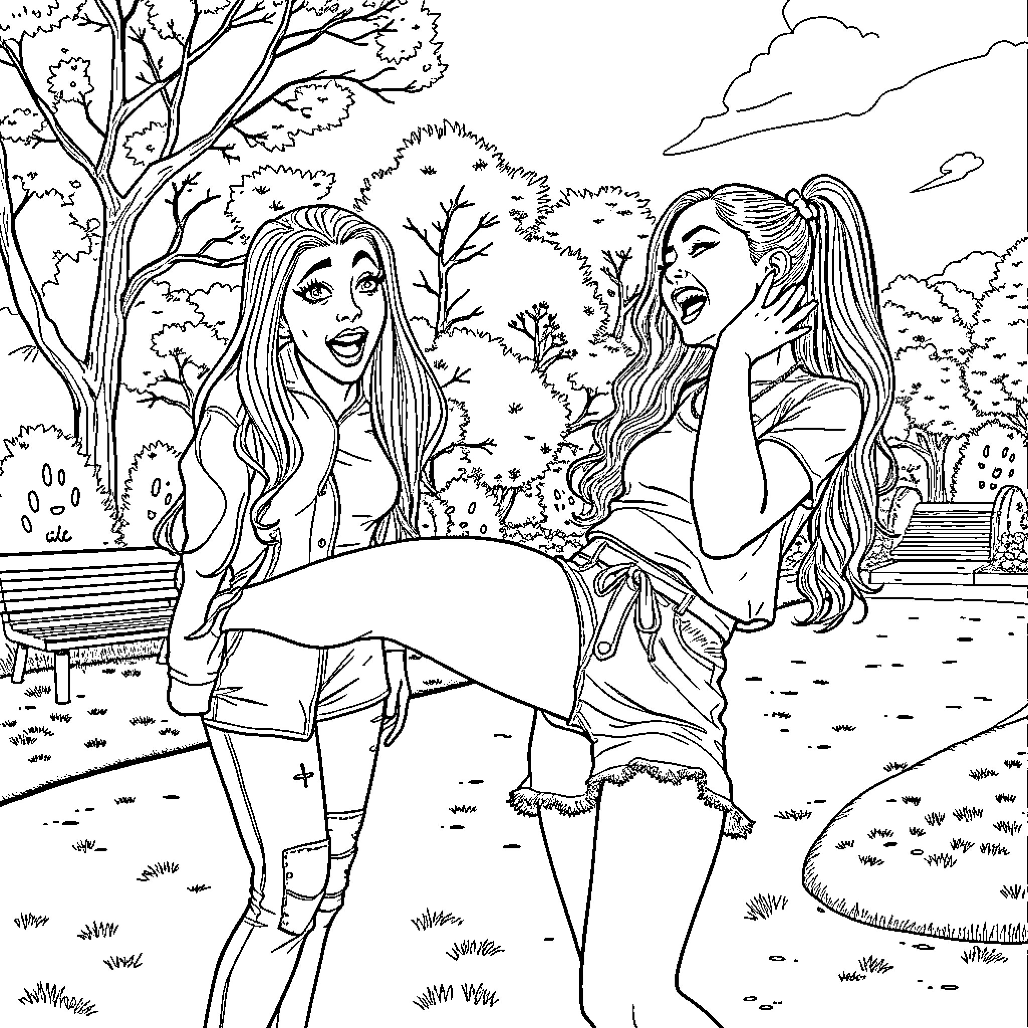 Sabrina Carpenter and friend enjoying an outdoor park scene Coloring Page (free black-and-white line drawing printable PDF for all, from beginners to advanced learners, including children, teens, adults, and seniors)