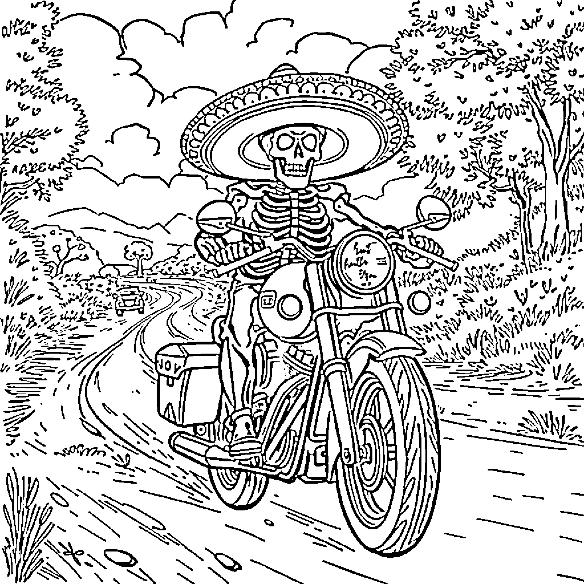 Charro Skeleton Riding Motorcycle on Country Road Coloring Page (free black-and-white line drawing printable PDF for all, from beginners to advanced learners, including children, teens, adults, and seniors)