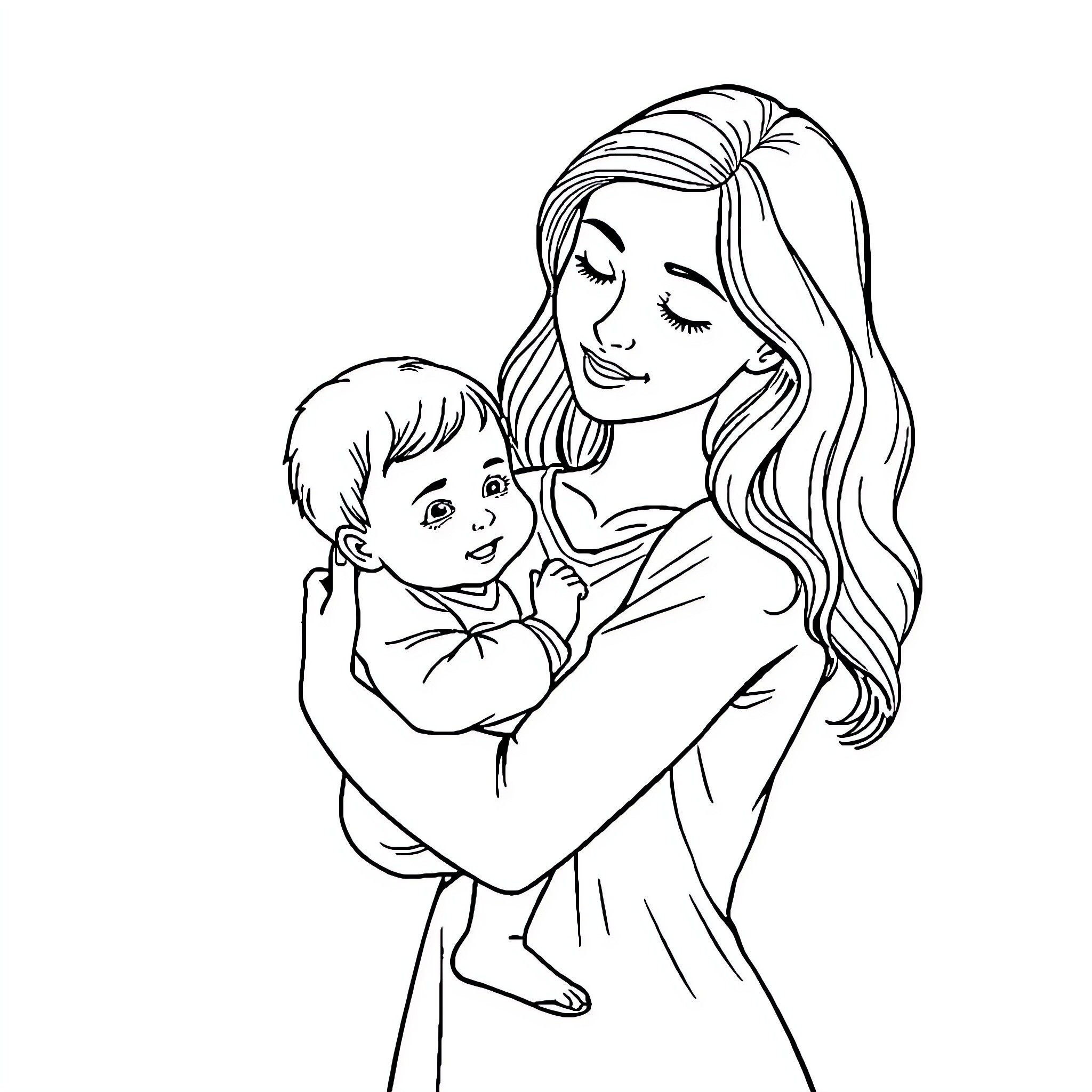 Mother tenderly holding her young child Coloring Page (free black-and-white line drawing printable PDF for all, from beginners to advanced learners, including children, teens, adults, and seniors)