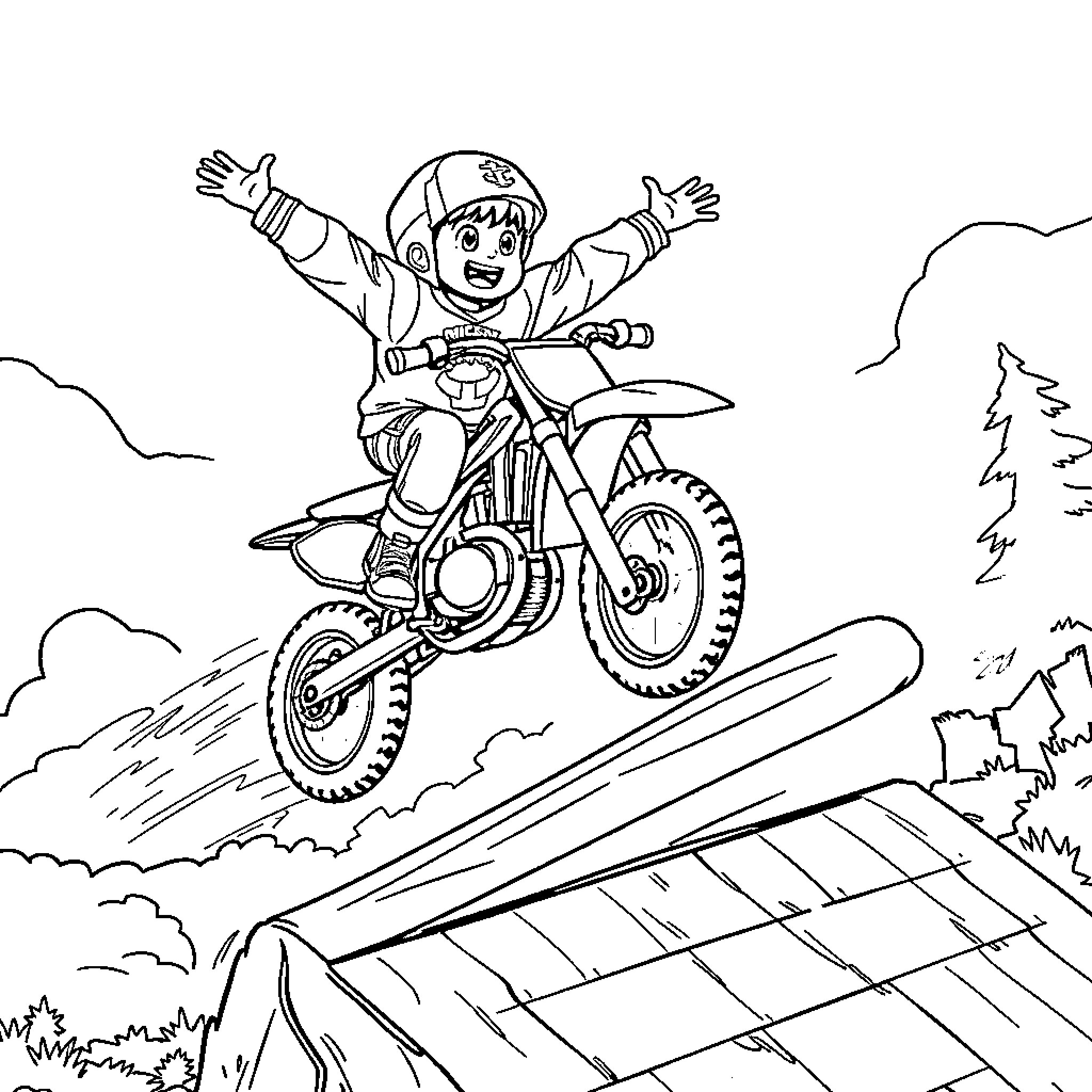 Dirt Bike Rider Jumping Over Ramp Coloring Page (free black-and-white line drawing printable PDF for all, from beginners to advanced learners, including children, teens, adults, and seniors)