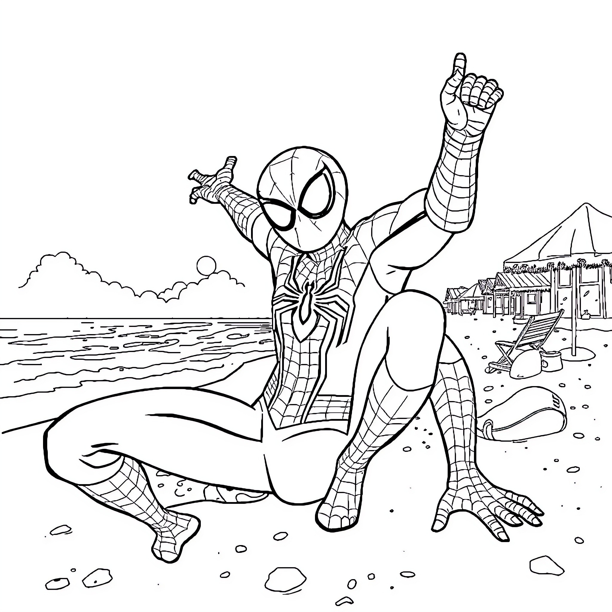 Spiderman Swinging Excitedly on the Beach Coloring Page (free black-and-white line drawing printable PDF for all, from beginners to advanced learners, including children, teens, adults, and seniors)