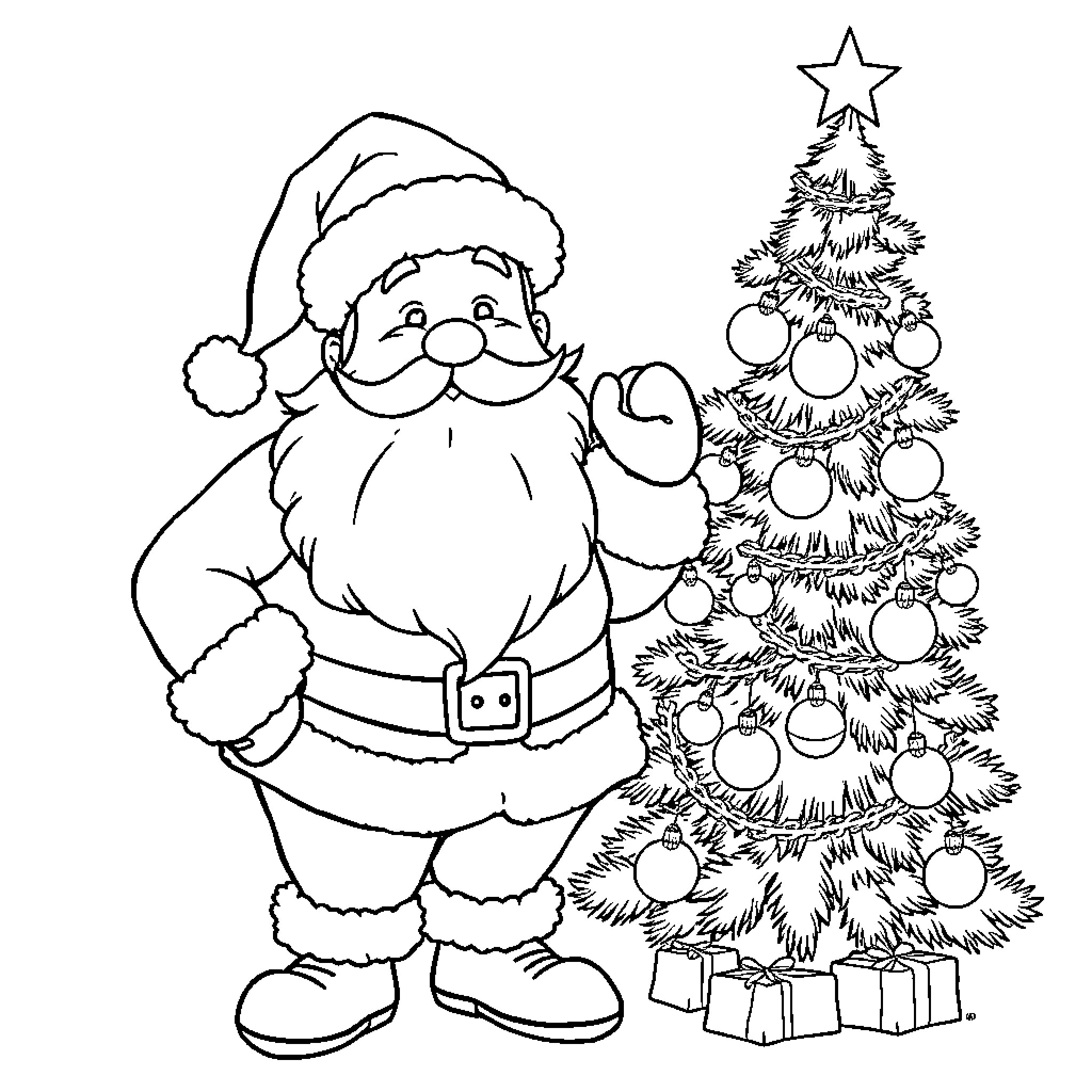 Santa and Christmas tree with ornaments Coloring Page (free black-and-white line drawing printable PDF for all, from beginners to advanced learners, including children, teens, adults, and seniors)