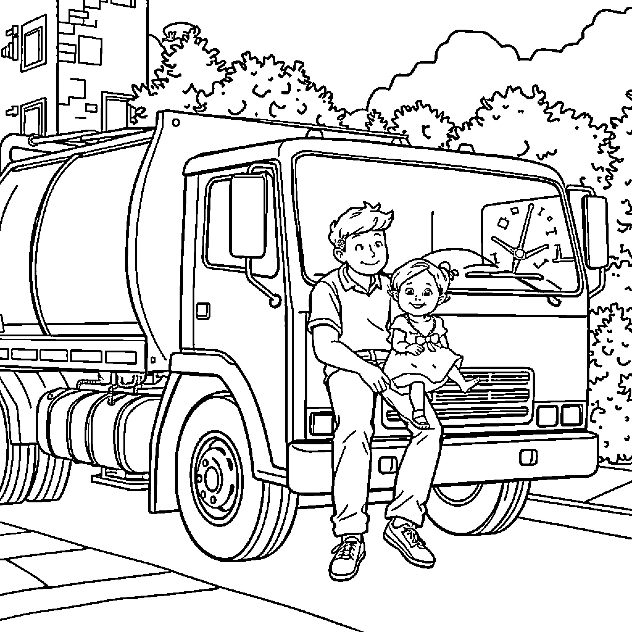 Truck driver taking a break with child Coloring Page (free black-and-white line drawing printable PDF for all, from beginners to advanced learners, including children, teens, adults, and seniors)