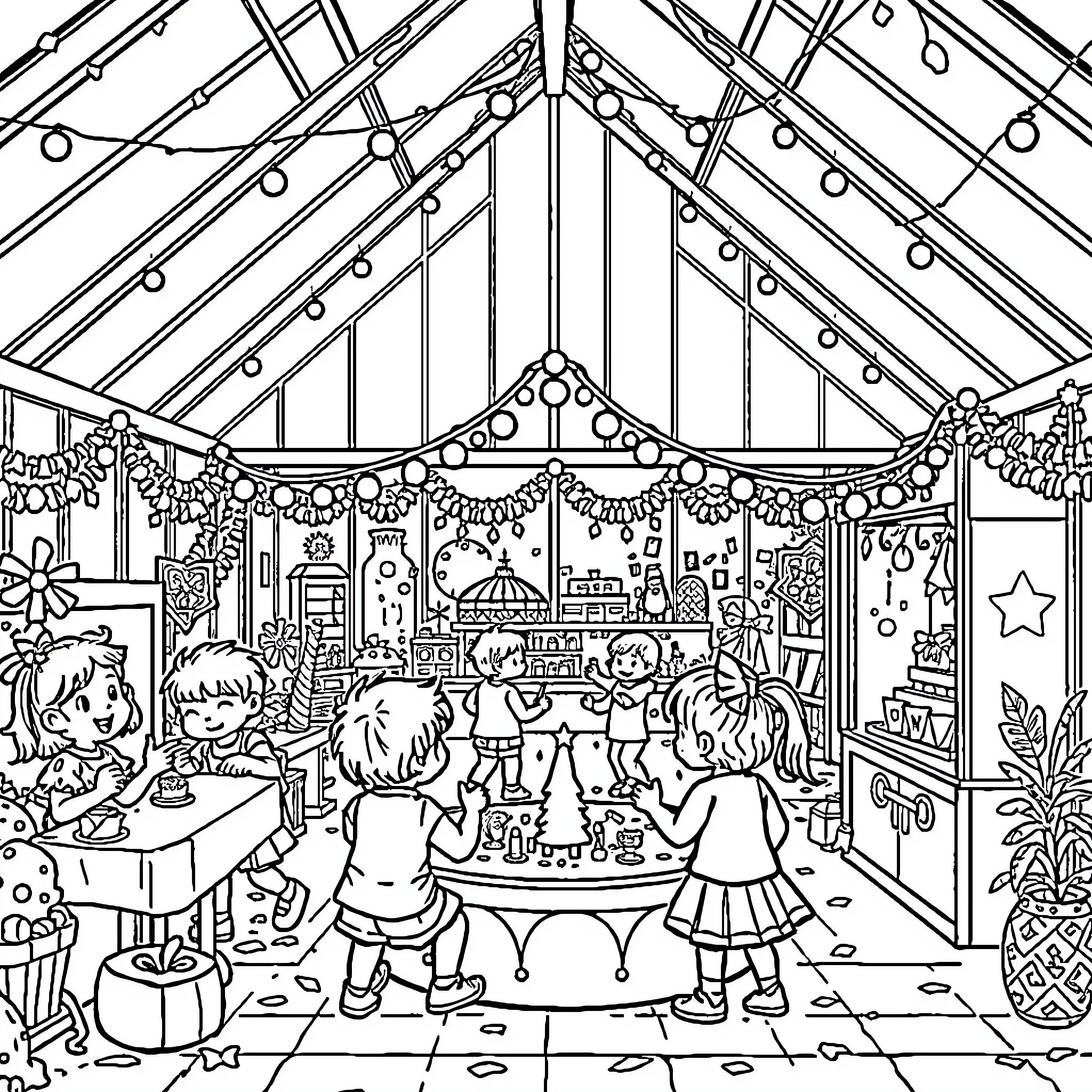 Fair Holiday Festival with Festivities and Cheer Coloring Page (free black-and-white line drawing printable PDF for all, from beginners to advanced learners, including children, teens, adults, and seniors)