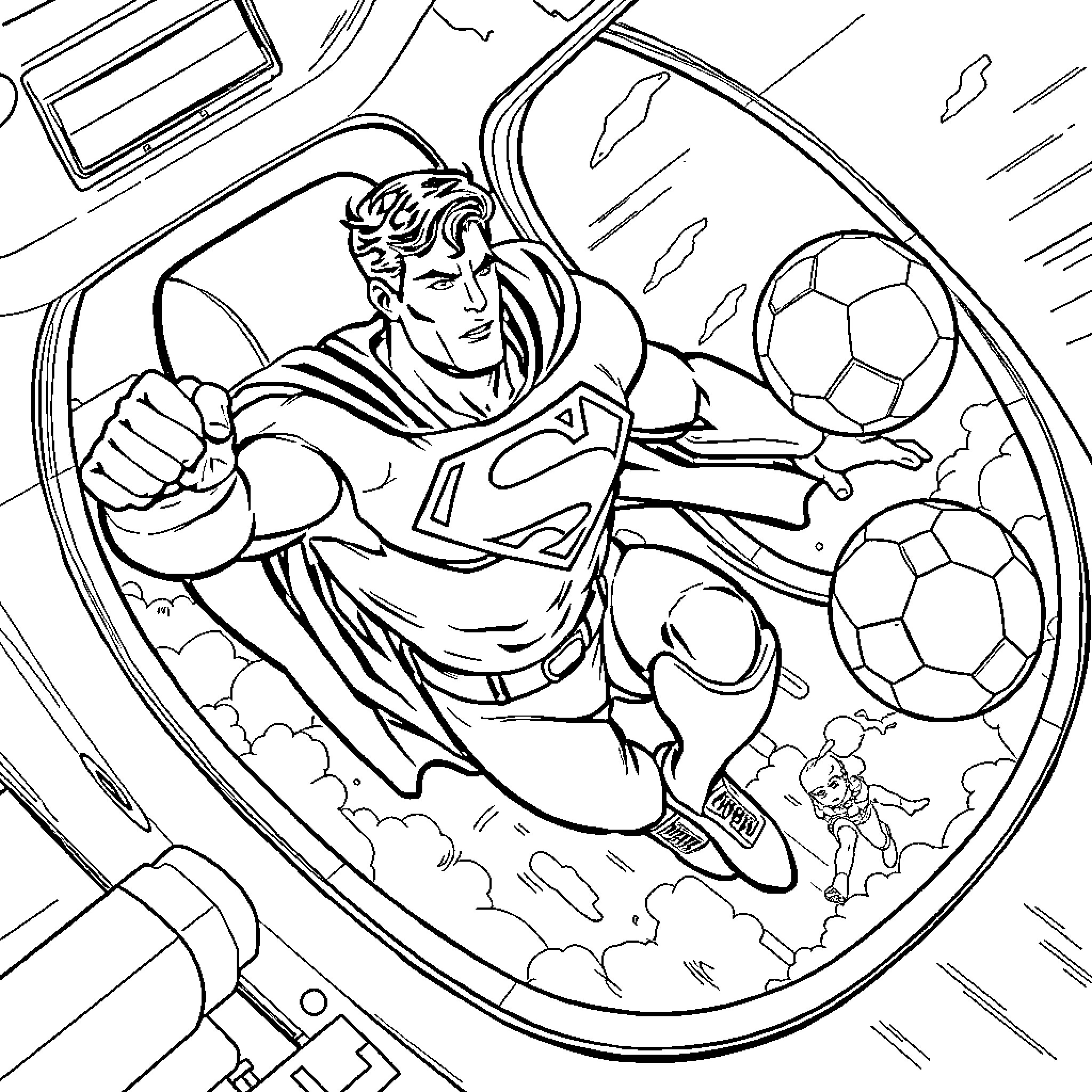 Superman flying through the air with soccer balls Coloring Page (free black-and-white line drawing printable PDF for all, from beginners to advanced learners, including children, teens, adults, and seniors)