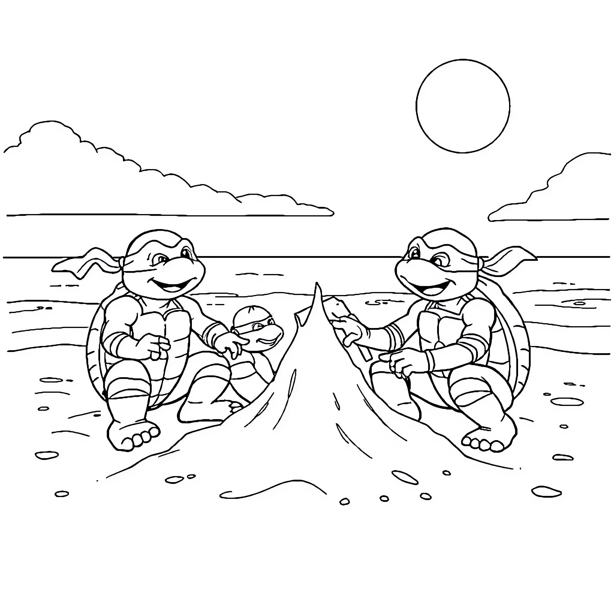 Teenage Mutant Ninja Turtles on the beach Coloring Page (free black-and-white line drawing printable PDF for all, from beginners to advanced learners, including children, teens, adults, and seniors)