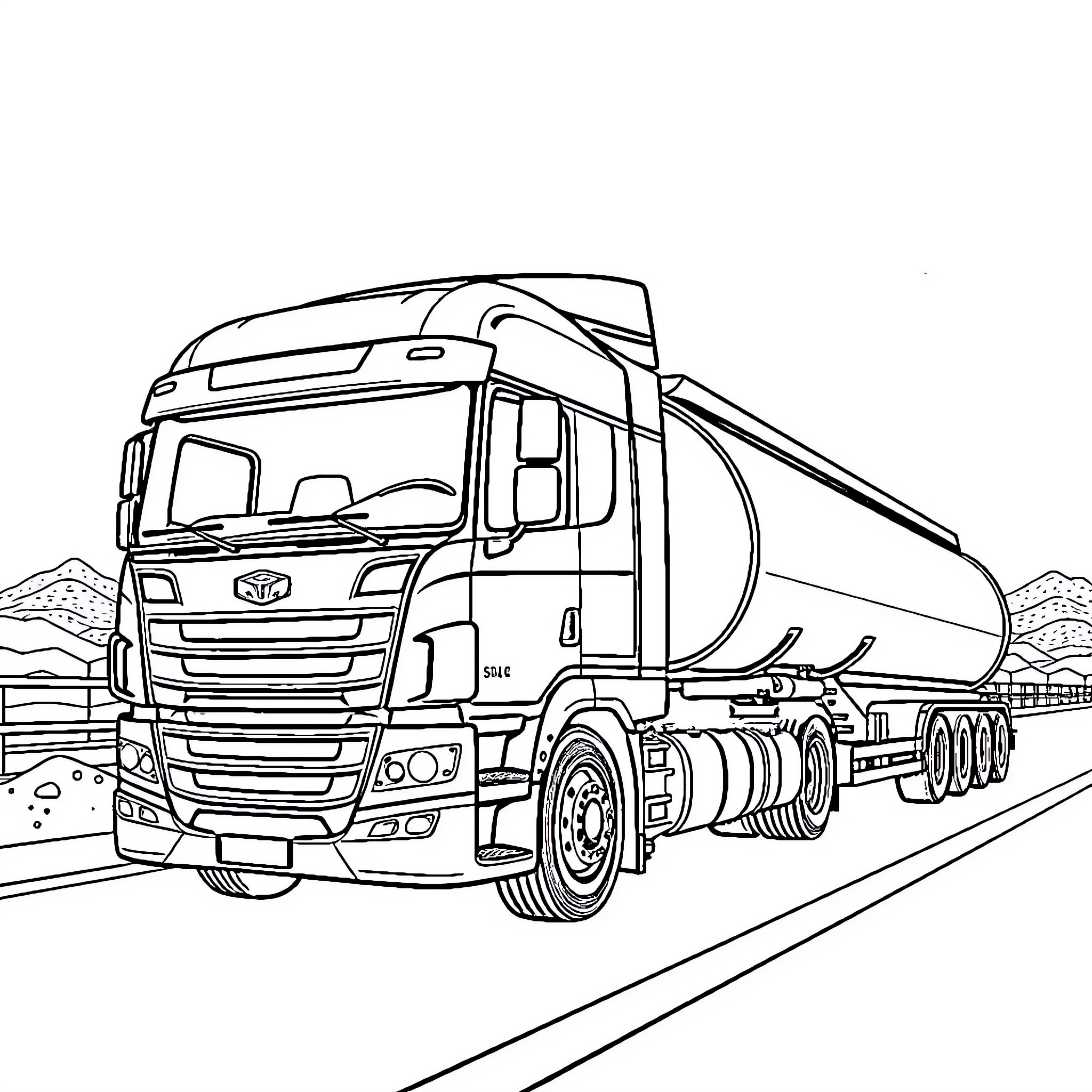 Tank Truck Transporting Cargo on the Road Coloring Page (free black-and-white line drawing printable PDF for all, from beginners to advanced learners, including children, teens, adults, and seniors)