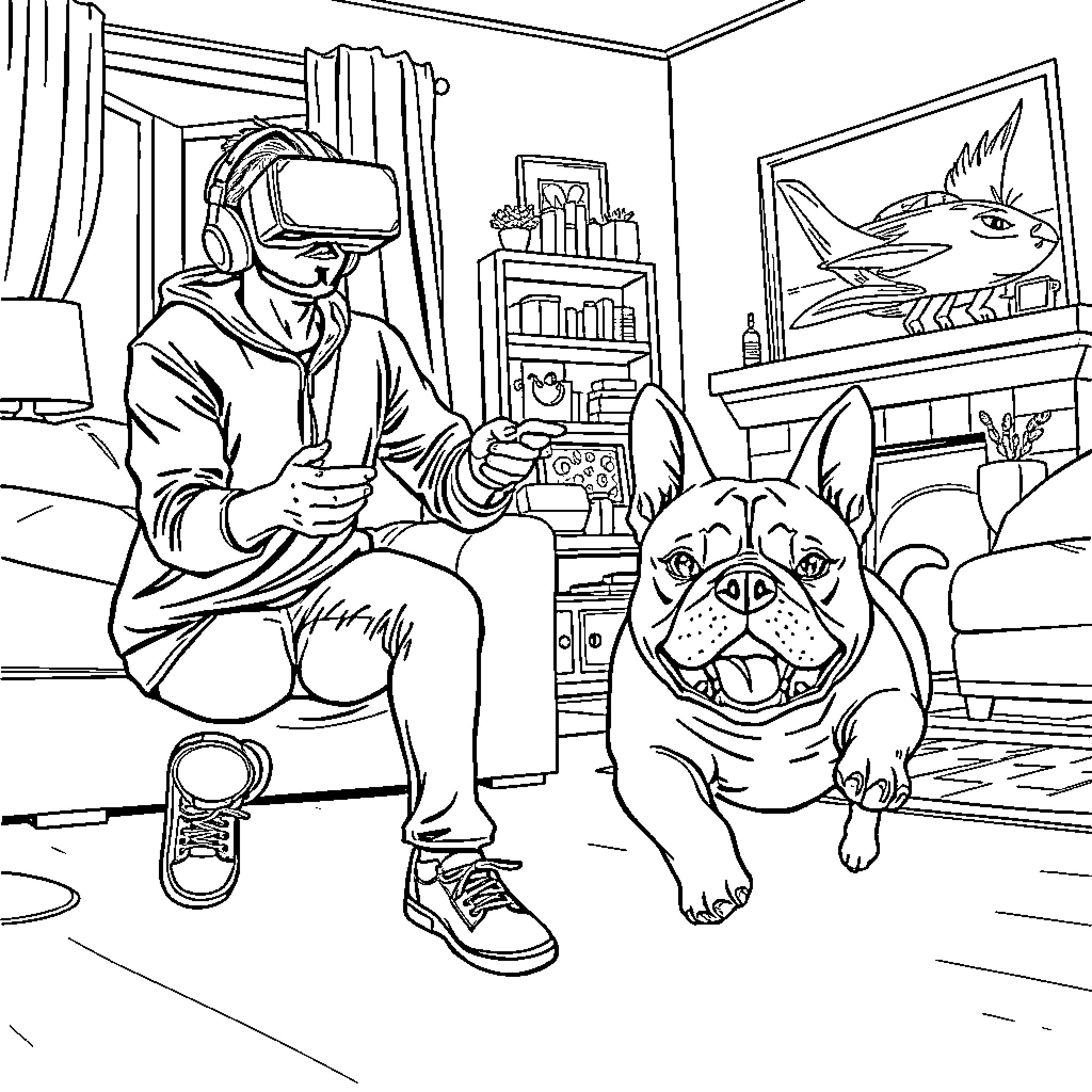 Gamer and Pet Dog Enjoy Virtual Reality Experience Coloring Page (free black-and-white line drawing printable PDF for all, from beginners to advanced learners, including children, teens, adults, and seniors)