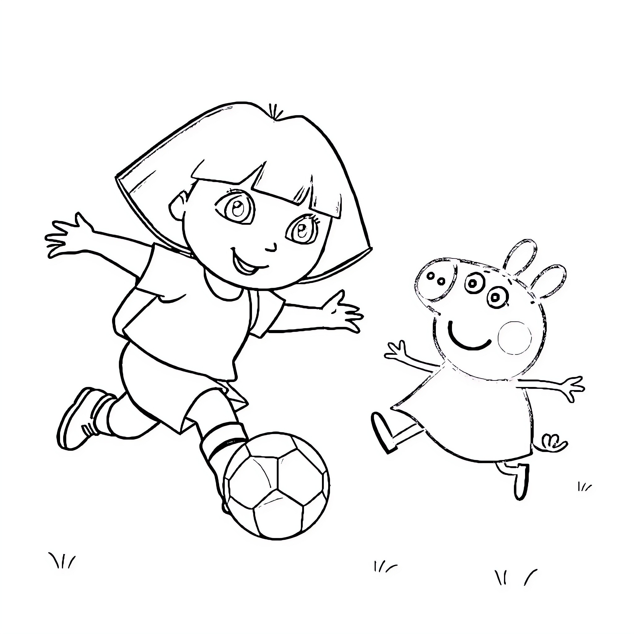 Dora playing soccer with animal friend Coloring Page (free black-and-white line drawing printable PDF for all, from beginners to advanced learners, including children, teens, adults, and seniors)