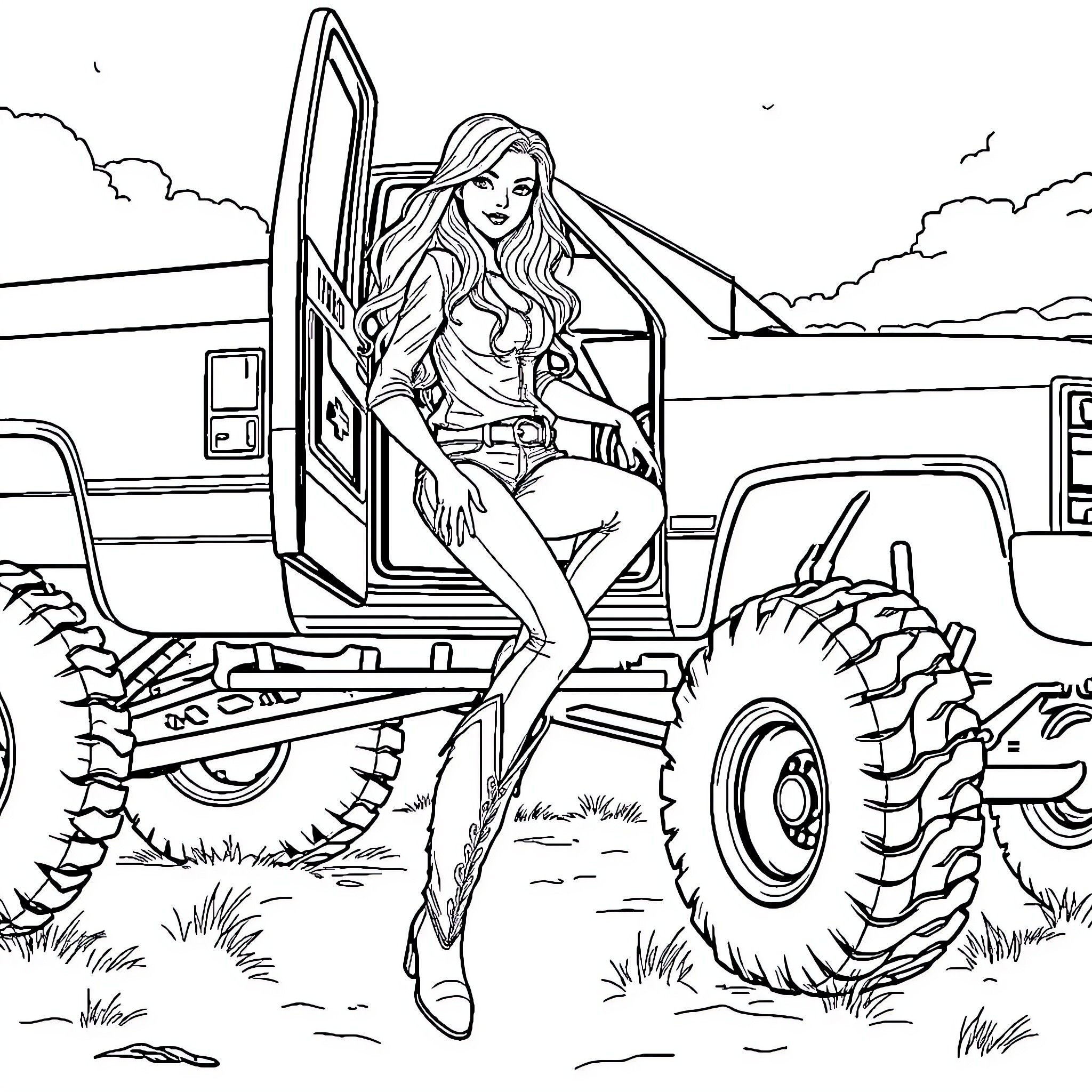 Girl posing on an off-road vehicle in an outdoor setting Coloring Page (free black-and-white line drawing printable PDF for all, from beginners to advanced learners, including children, teens, adults, and seniors)