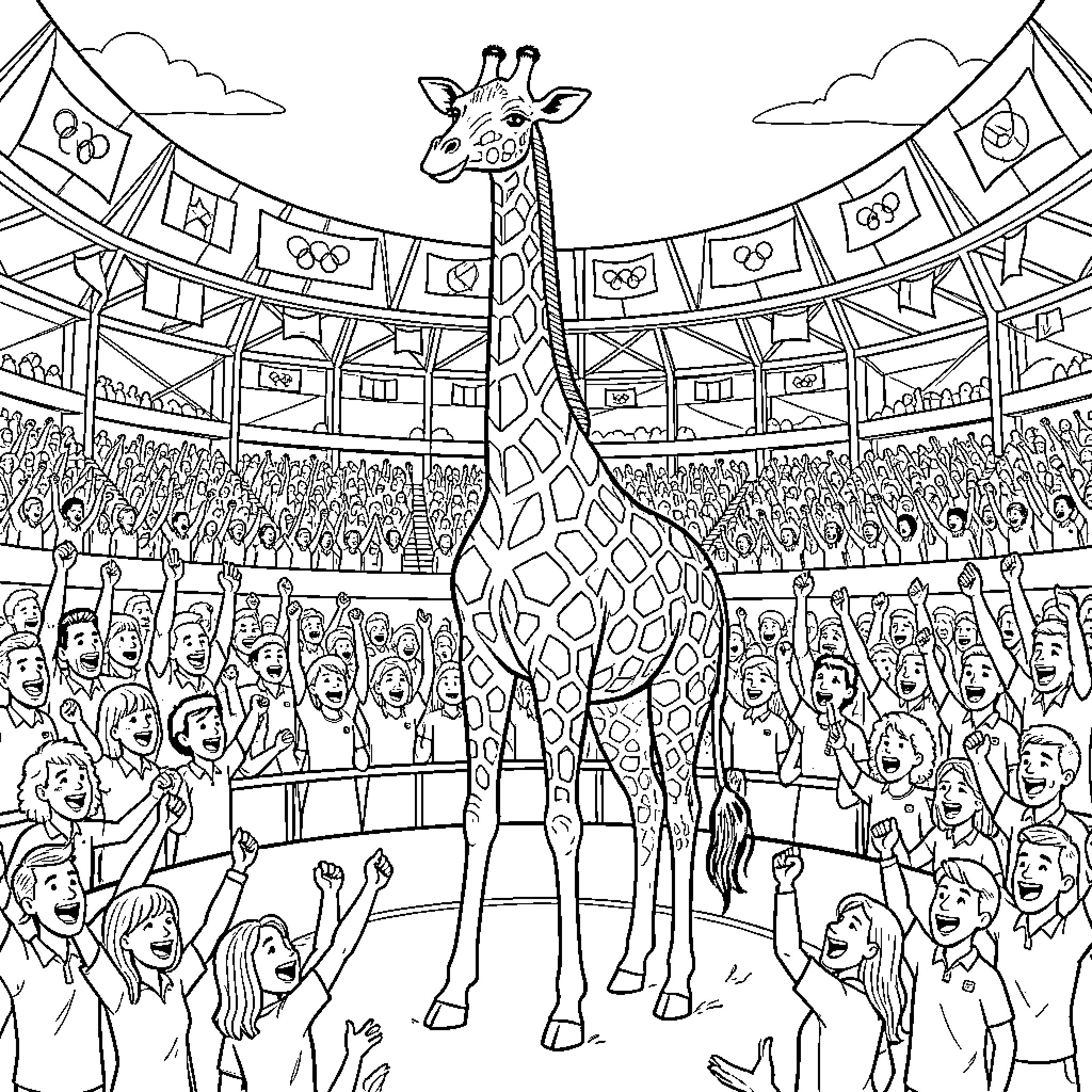 Giraffe performing in a festive sporting event Coloring Page (free black-and-white line drawing printable PDF for all, from beginners to advanced learners, including children, teens, adults, and seniors)