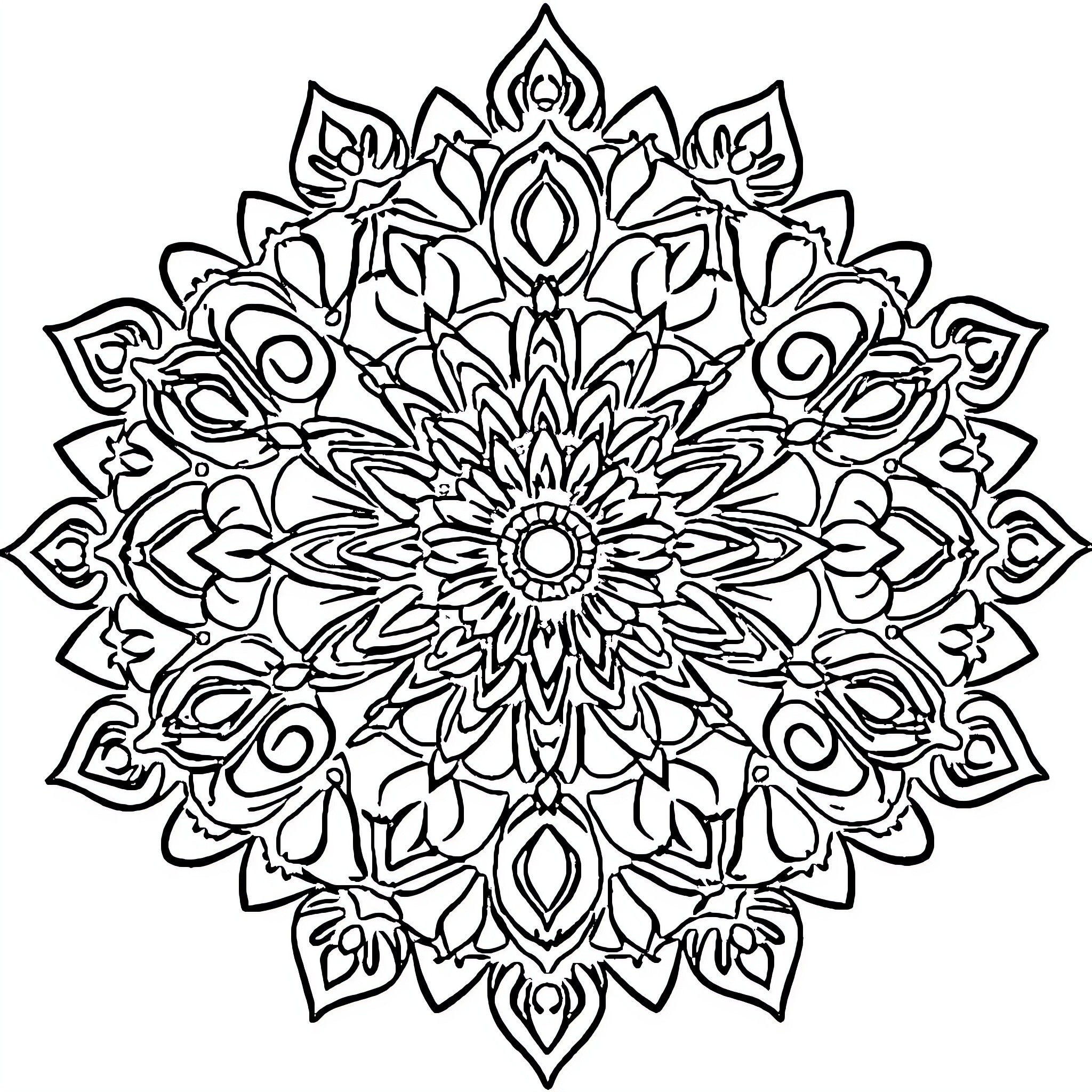 Mandalas with intricate floral designs Coloring Page (free black-and-white line drawing printable PDF for all, from beginners to advanced learners, including children, teens, adults, and seniors)
