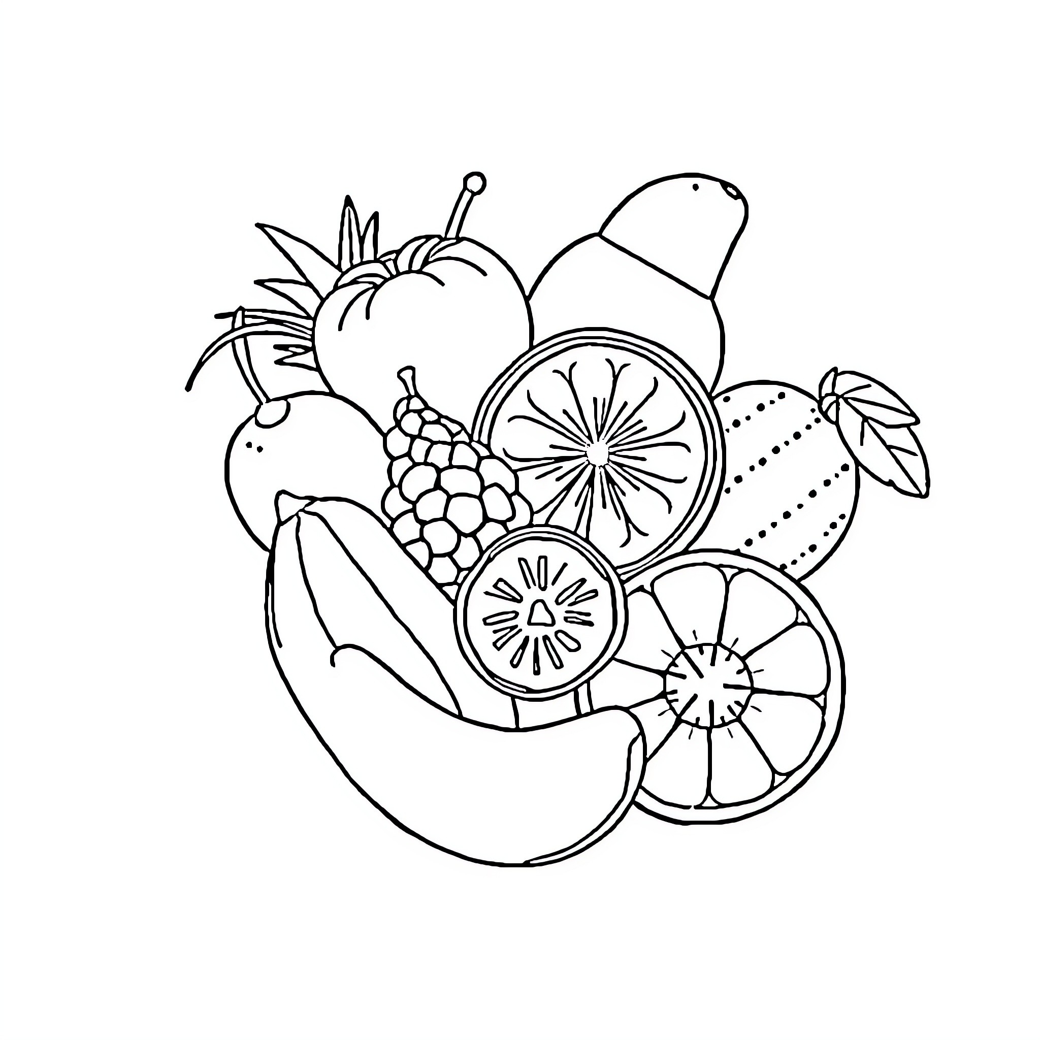 Tropical Fruit Assortment Coloring Page (free black-and-white line drawing printable PDF for all, from beginners to advanced learners, including children, teens, adults, and seniors)