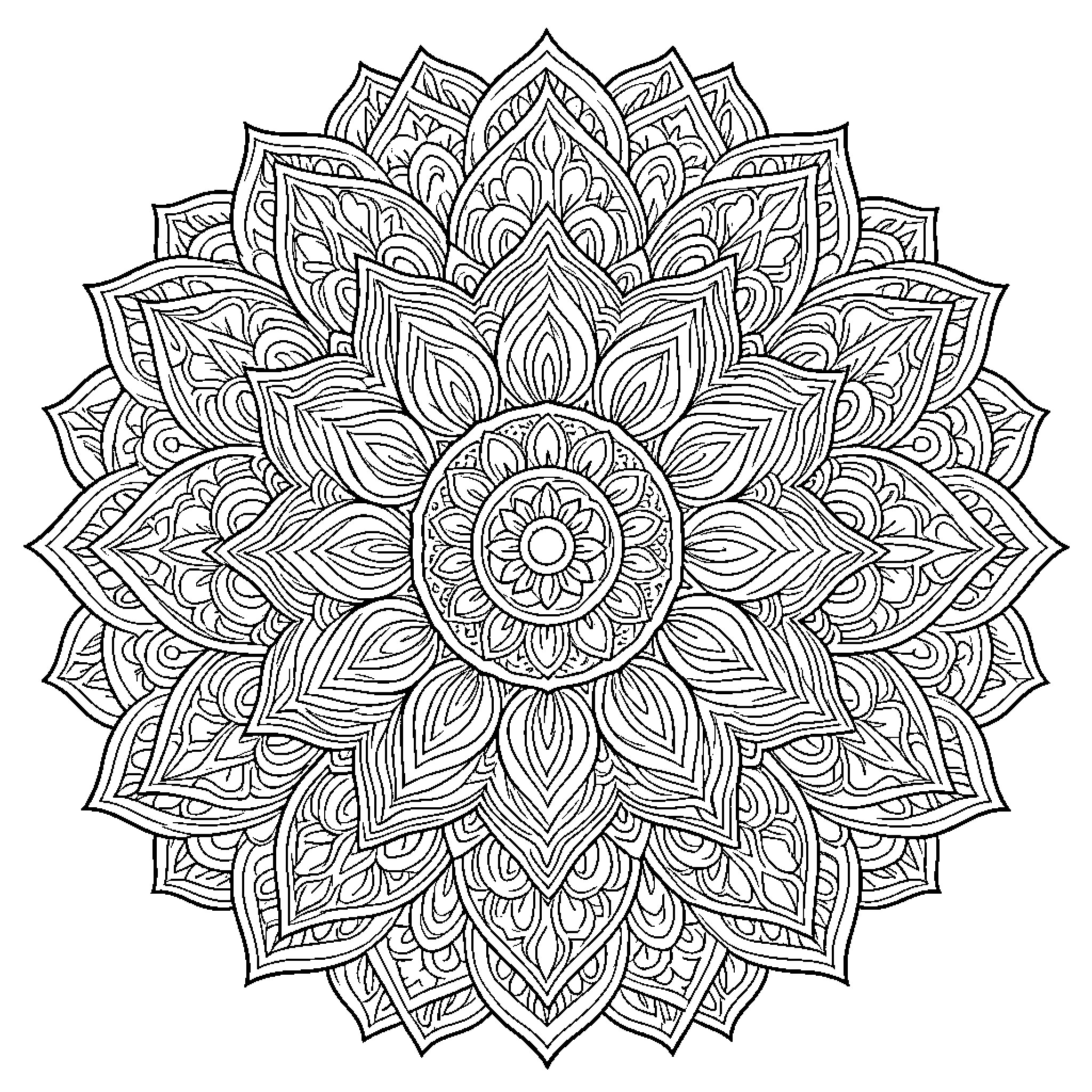 Mandalas featuring intricate symmetrical floral patterns Coloring Page (free black-and-white line drawing printable PDF for all, from beginners to advanced learners, including children, teens, adults, and seniors)