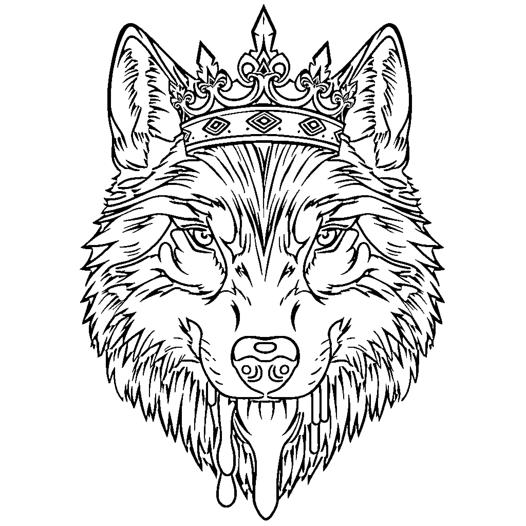 Wolf wearing a crown with intricate patterns Coloring Page (free black-and-white line drawing printable PDF for all, from beginners to advanced learners, including children, teens, adults, and seniors)