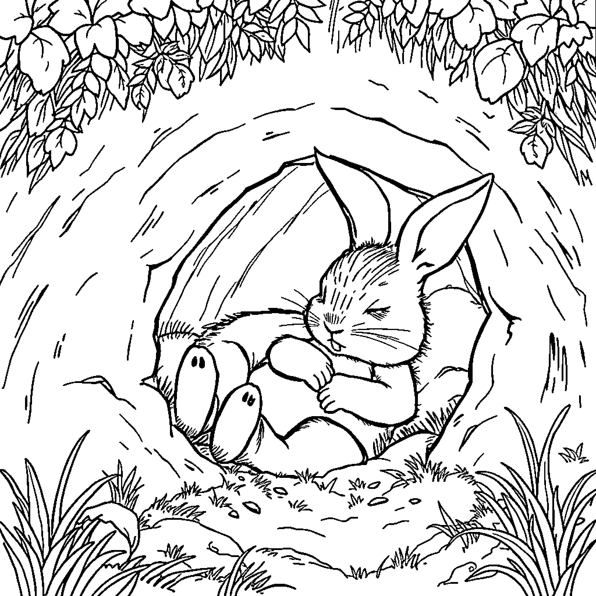 Peter Rabbit resting in the forest Coloring Page (free black-and-white line drawing printable PDF for all, from beginners to advanced learners, including children, teens, adults, and seniors)