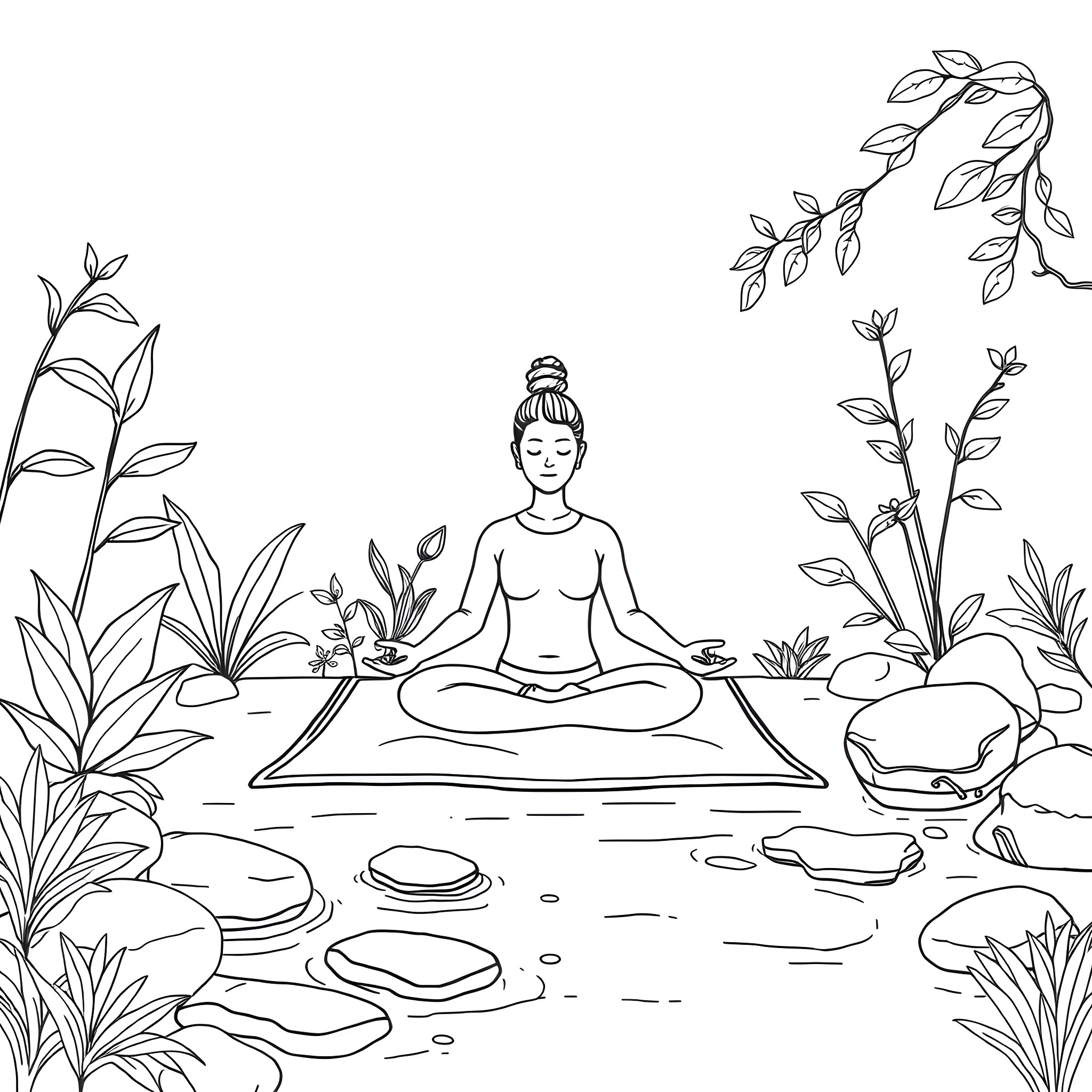Mental Health Relaxation in Nature Coloring Page (free black-and-white line drawing printable PDF for all, from beginners to advanced learners, including children, teens, adults, and seniors)