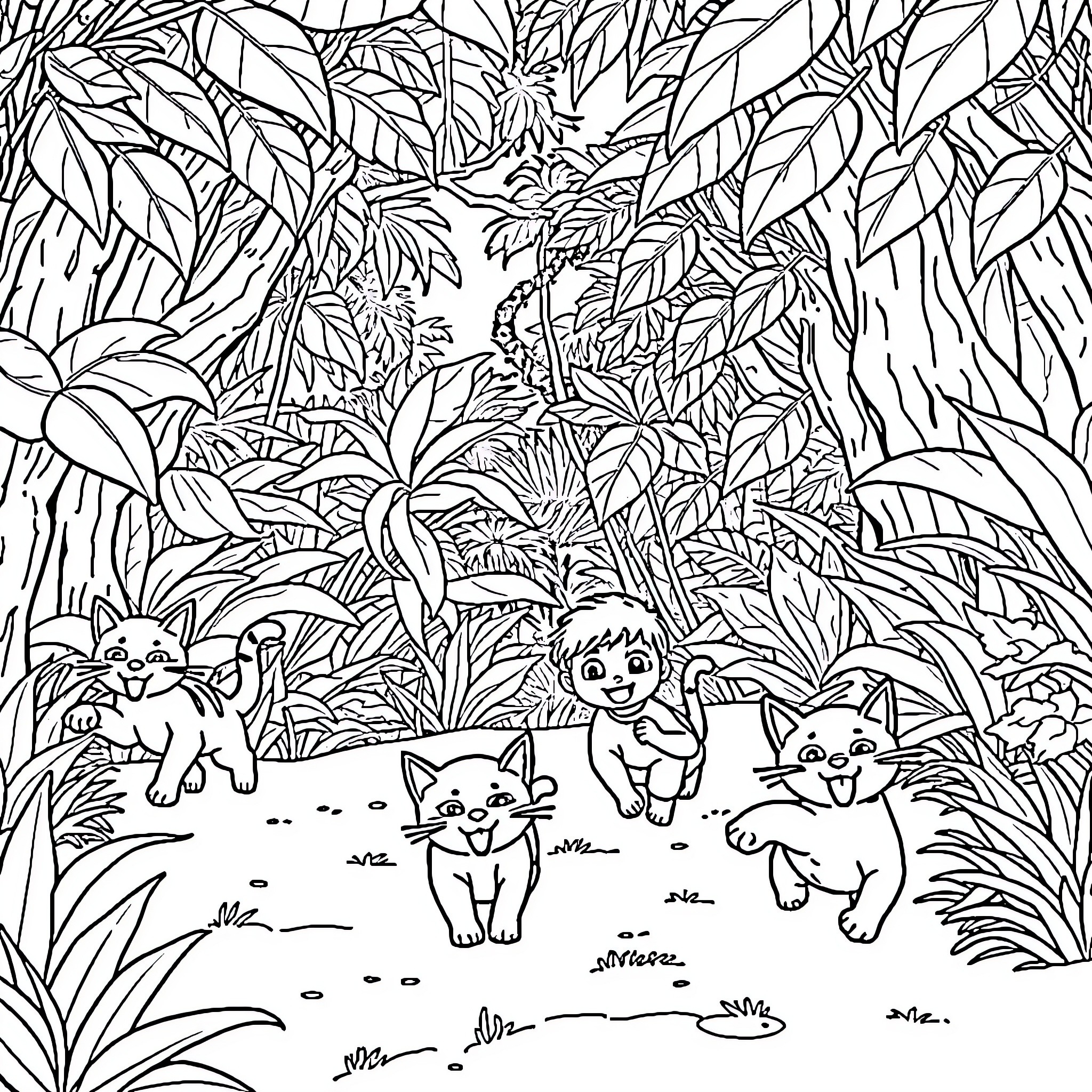 Cat playing with cute kittens in jungle scene Coloring Page (free black-and-white line drawing printable PDF for all, from beginners to advanced learners, including children, teens, adults, and seniors)
